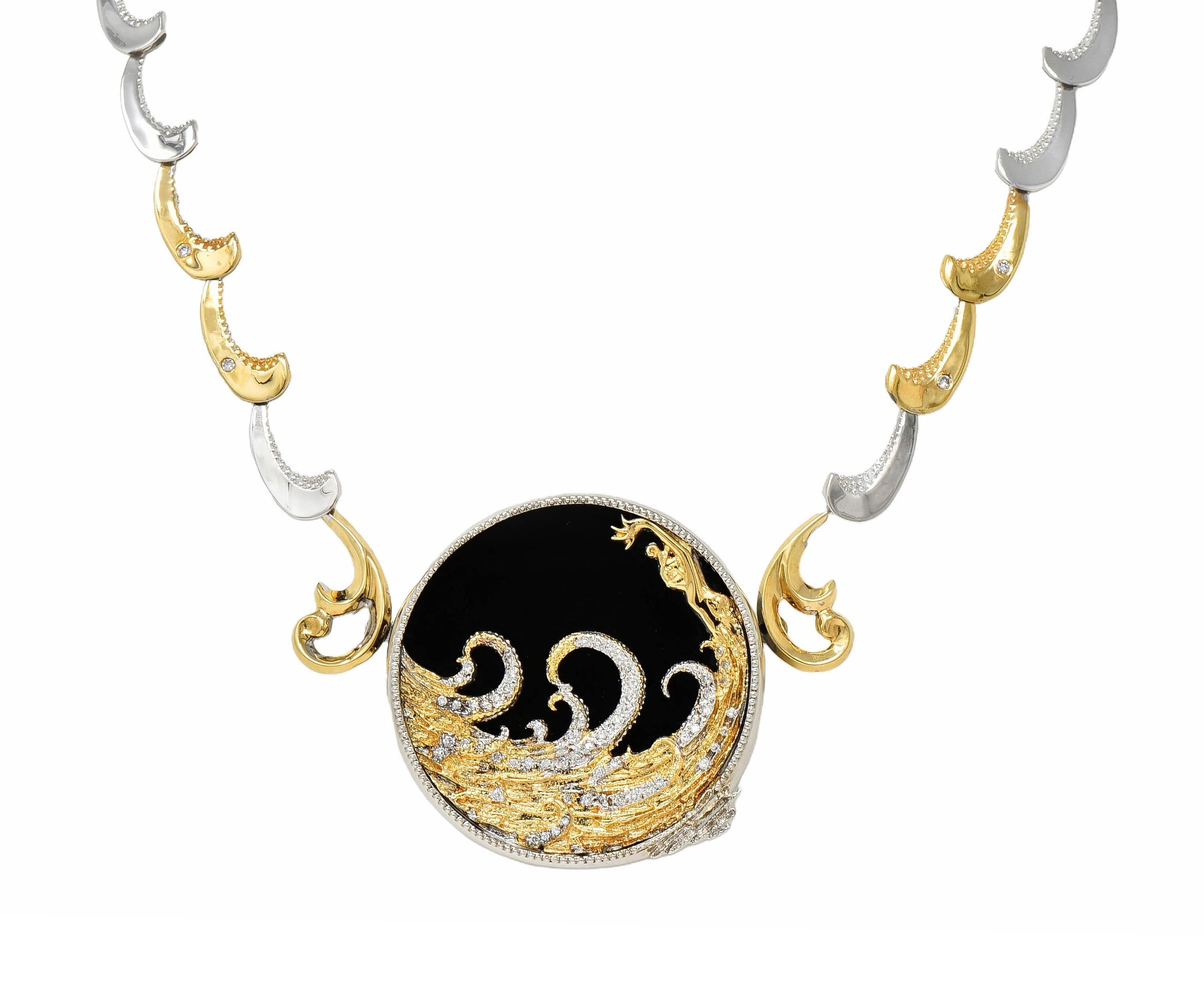 Erte 1980's Diamond Onyx 14 Karat Yellow Gold Silver Aphrodite Brooch Necklace 11