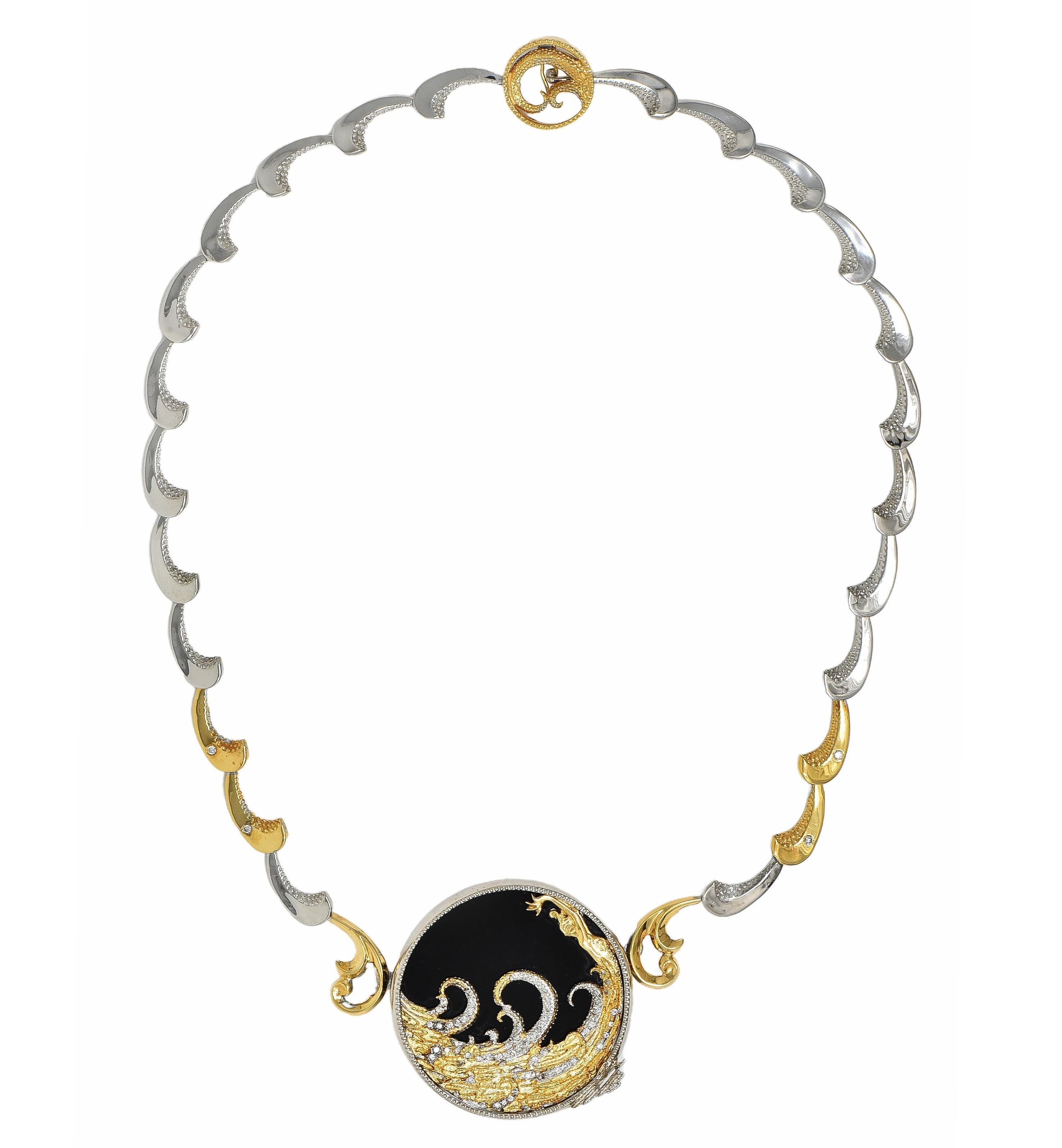 Erte 1980's Diamond Onyx 14 Karat Yellow Gold Silver Aphrodite Brooch Necklace 12