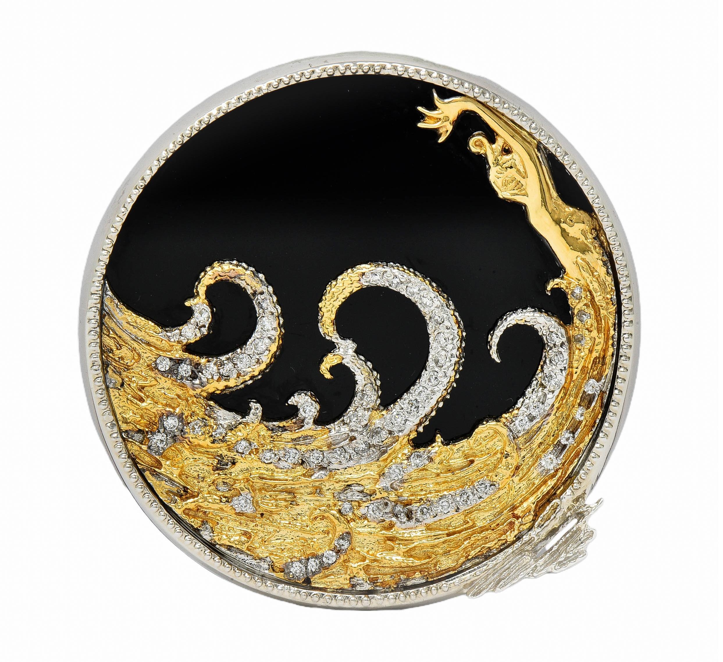 Erte 1980's Diamond Onyx 14 Karat Yellow Gold Silver Aphrodite Brooch Necklace In Excellent Condition In Philadelphia, PA