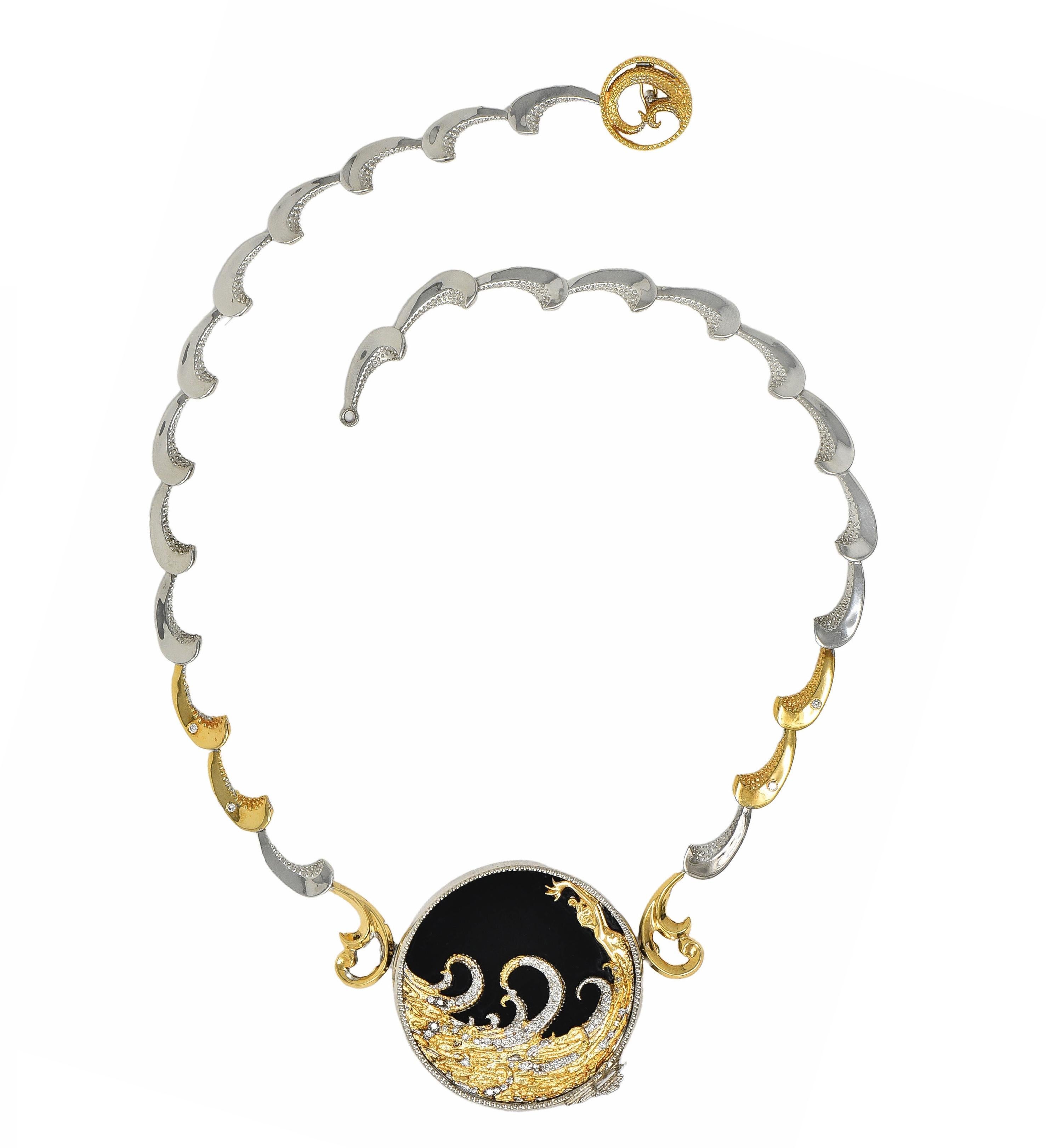Women's or Men's Erte 1980's Diamond Onyx 14 Karat Yellow Gold Silver Aphrodite Brooch Necklace