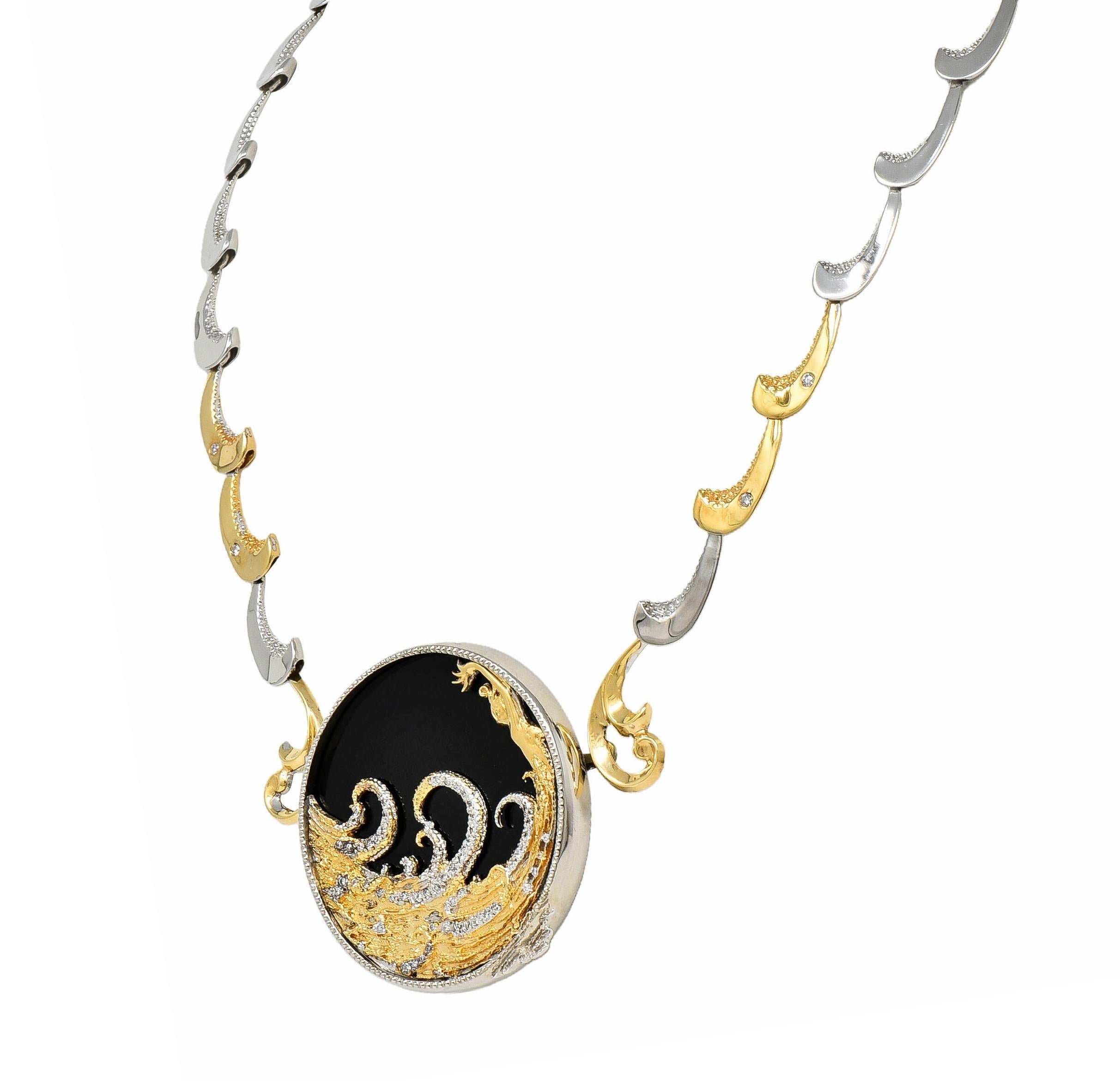 Erte 1980's Diamond Onyx 14 Karat Yellow Gold Silver Aphrodite Brooch Necklace 1