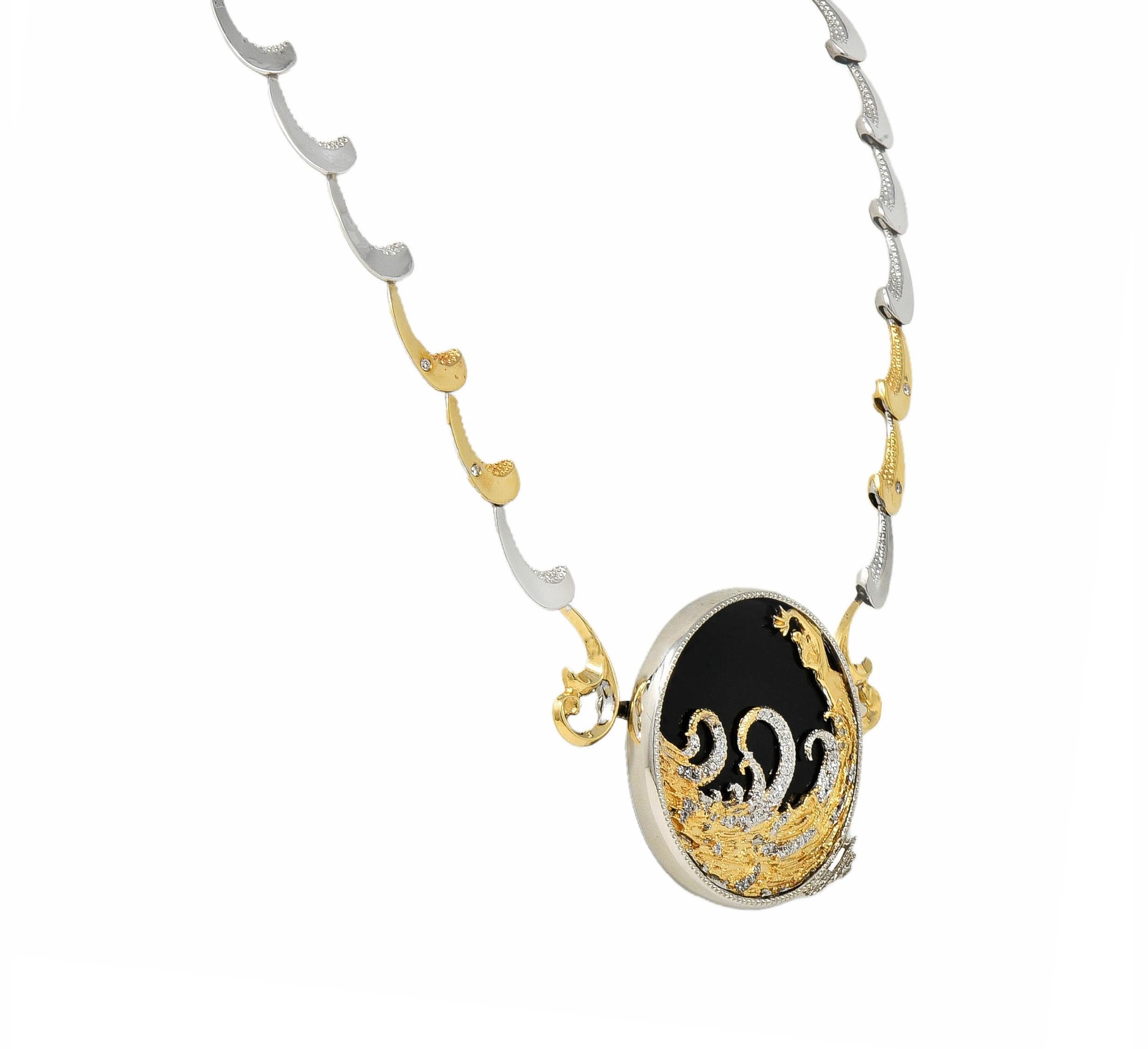 Erte 1980's Diamond Onyx 14 Karat Yellow Gold Silver Aphrodite Brooch Necklace 4