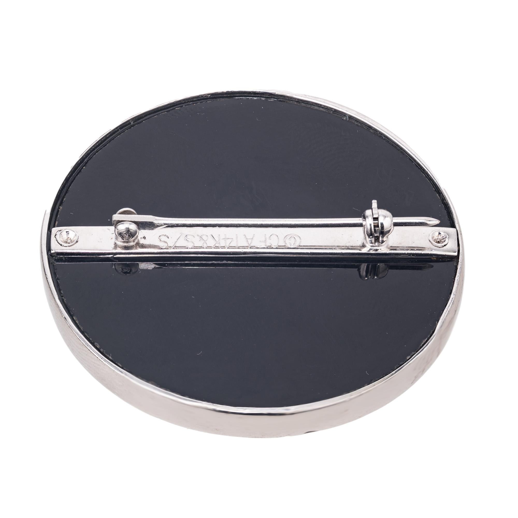 Round Cut Erte .3 Carat Diamond Yellow Gold Sterling Silver Mother of Pearl Onyx Brooch For Sale