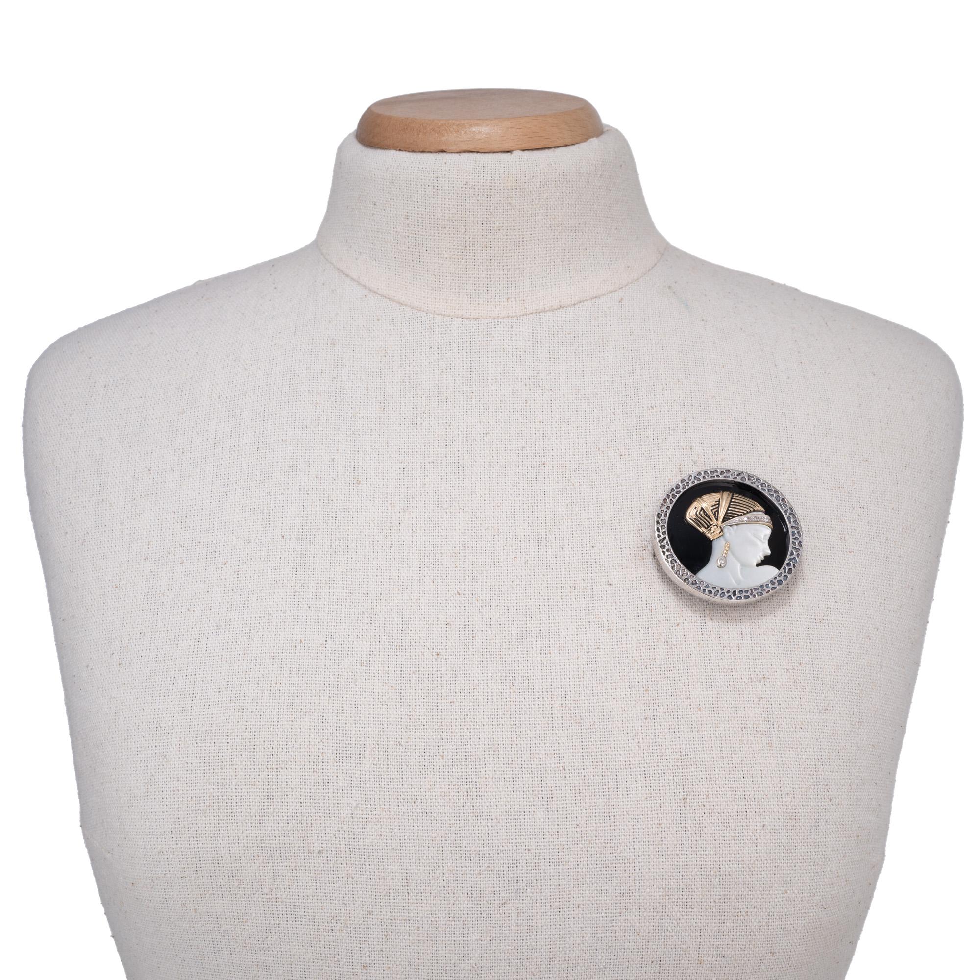 Erte .3 Carat Diamond Yellow Gold Sterling Silver Mother of Pearl Onyx Brooch For Sale 1