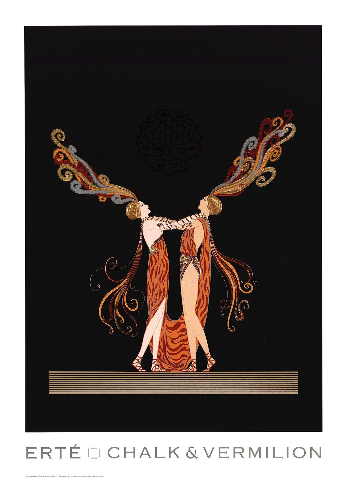Diese faszinierende Reproduktion mit dem Titel Kiss of Fire von Erté zeigt die Meisterschaft des Künstlers bei der Schaffung visuell fesselnder und eleganter Kompositionen. Das Stück zeigt zwei Frauen, die in identischen, luxuriösen langen Kleidern