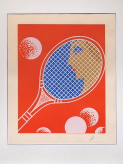 "Tennis, I", Lithograph, Painted Frame, Blue, Orange, Graphic Design
