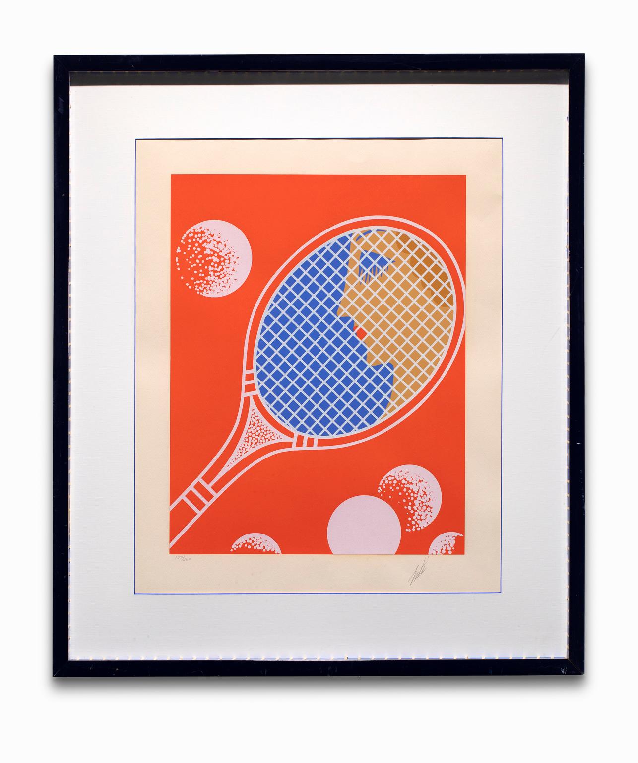 Erte Print - "Tennis, I", Lithograph, Painted Frame, Blue, Orange, Graphic Design
