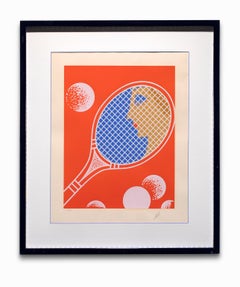 Vintage "Tennis, I", Lithograph, Painted Frame, Blue, Orange, Graphic Design