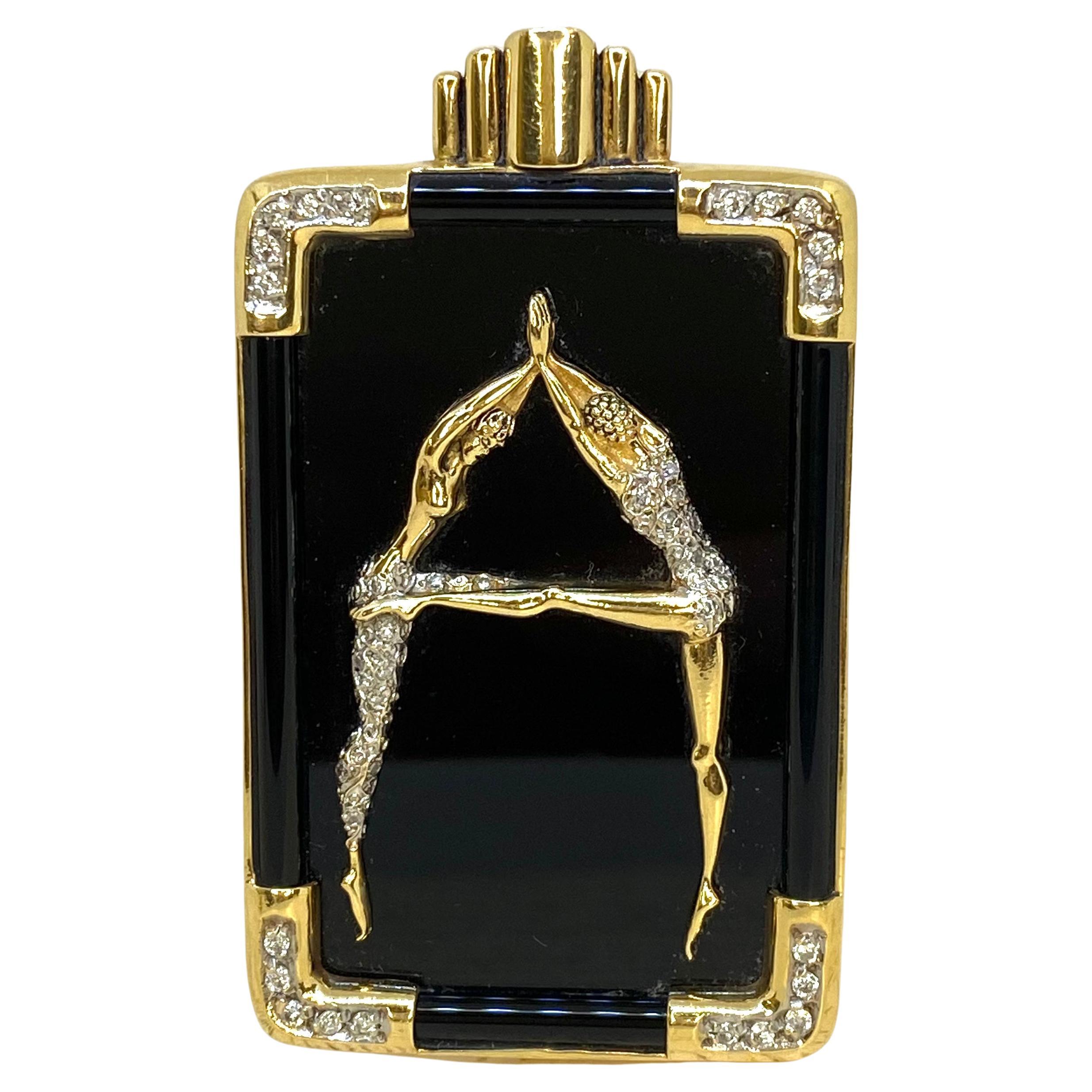 Erte' "A" from the Alphabet Collection Black Onyx & Diamond 14K Gold Brooch For Sale