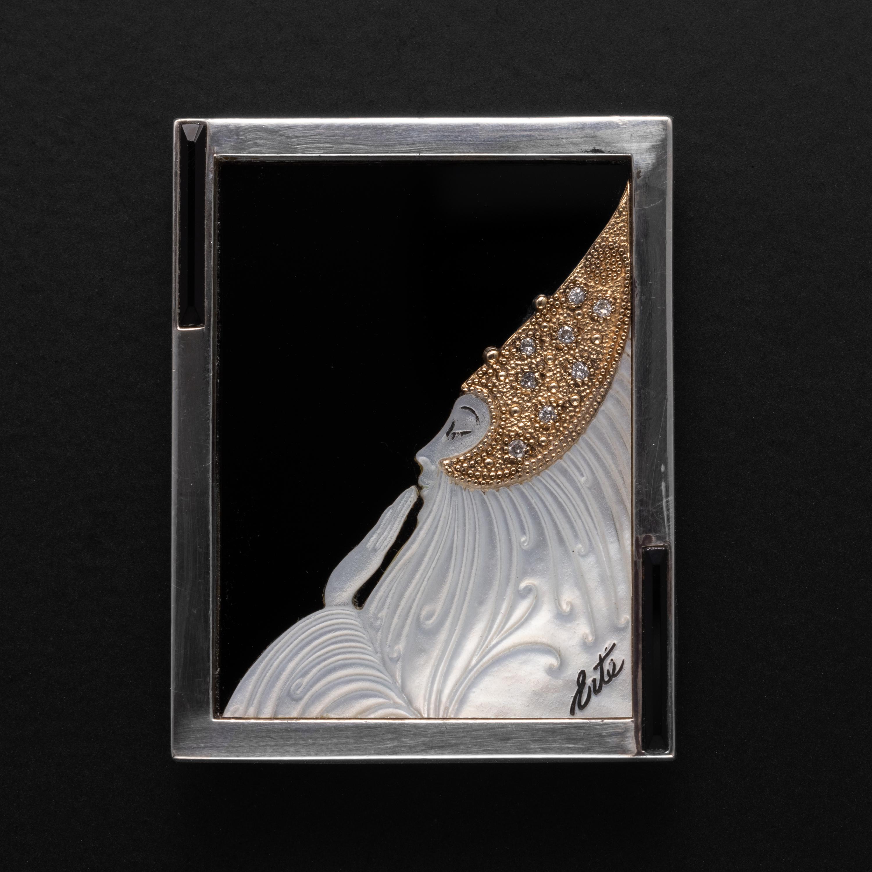 This is a rare, original limited edition Erté silver, 14K yellow gold, mother-of-pearl, and diamond brooch created in the early 1980s. This particular brooch is signed on the back, 