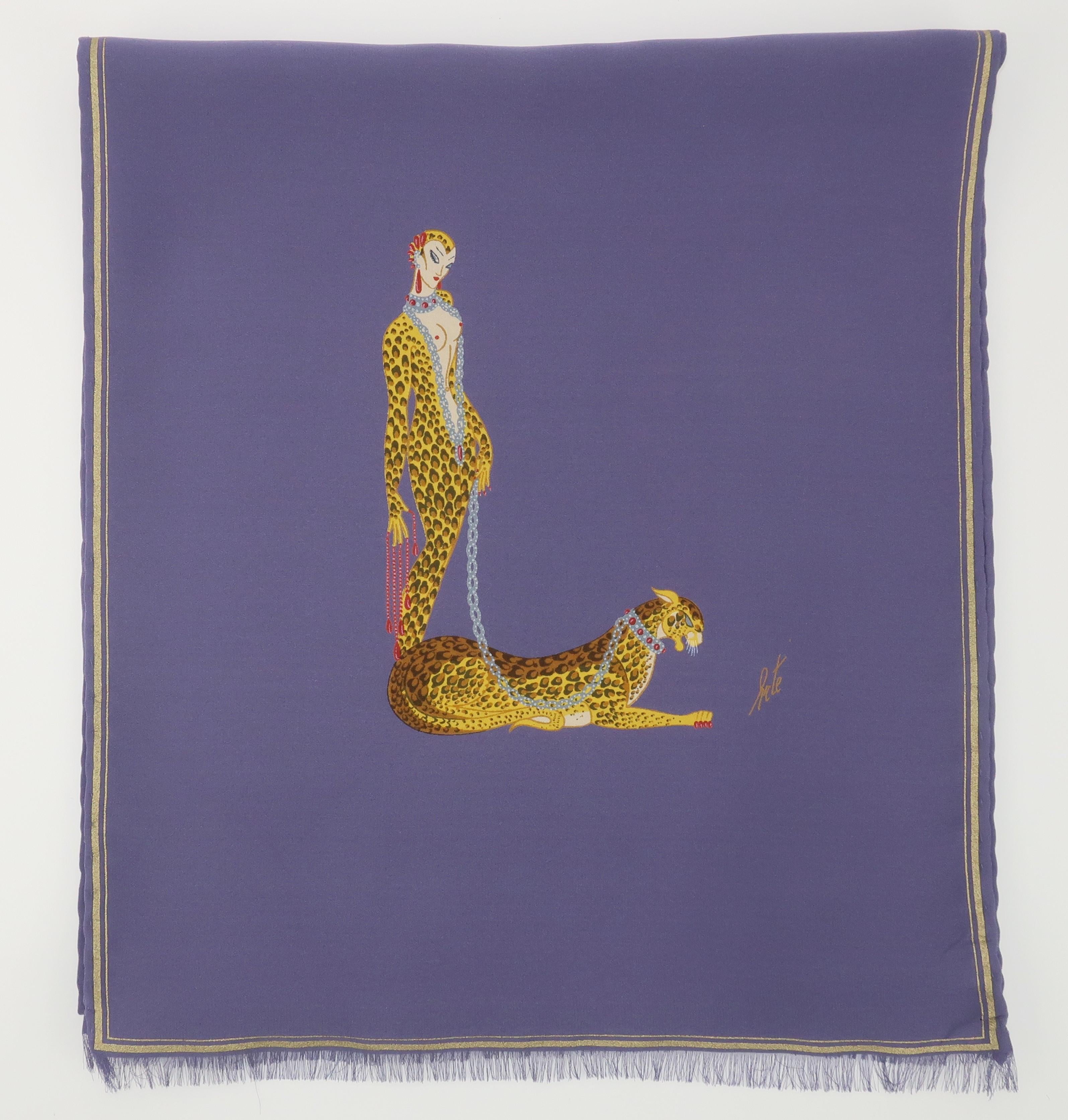 'L' is for leopard!  An iconic Art Deco image of a lady with a leopard forming the letter 'L' by Erté, a Russian-French artist best known for his stylized Art Deco designs, is beautifully reprinted on this long silk scarf from the late 20th century.