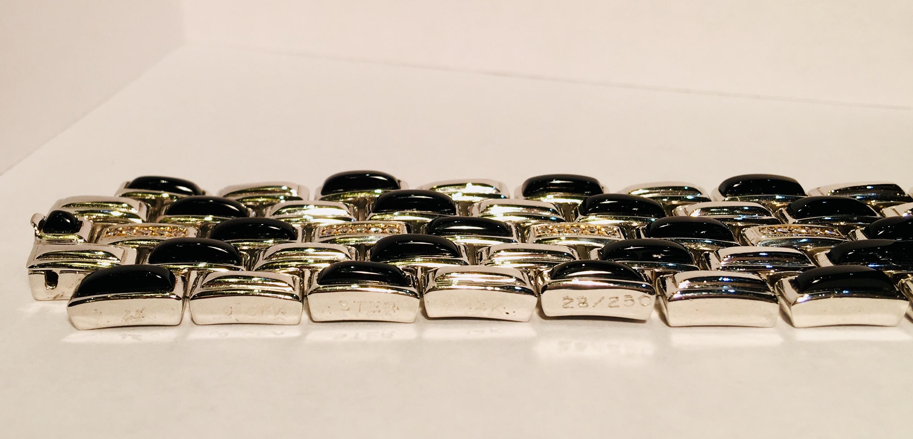 Art-Deco-Stil 14 Karat Gold:: Silber:: Onyx:: Diamant-Armband mit mehreren Gliedern (Rundschliff)