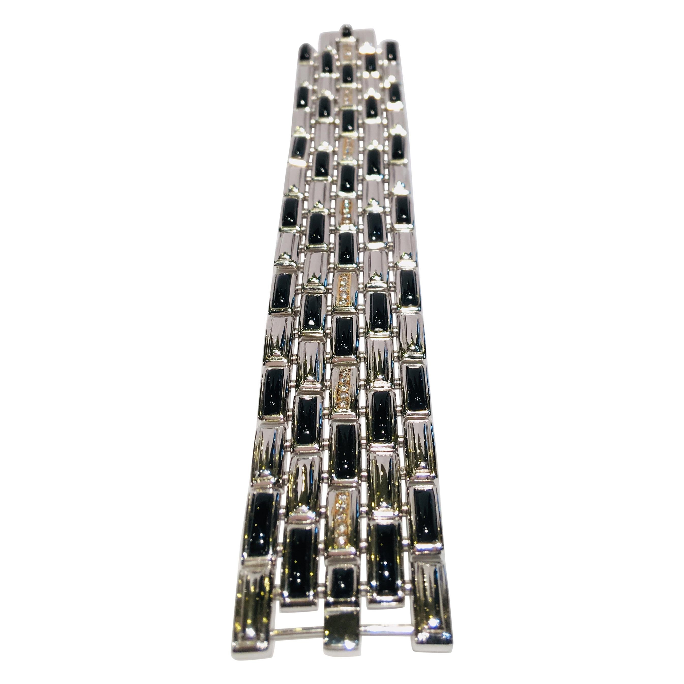 Art-Deco-Stil 14 Karat Gold:: Silber:: Onyx:: Diamant-Armband mit mehreren Gliedern