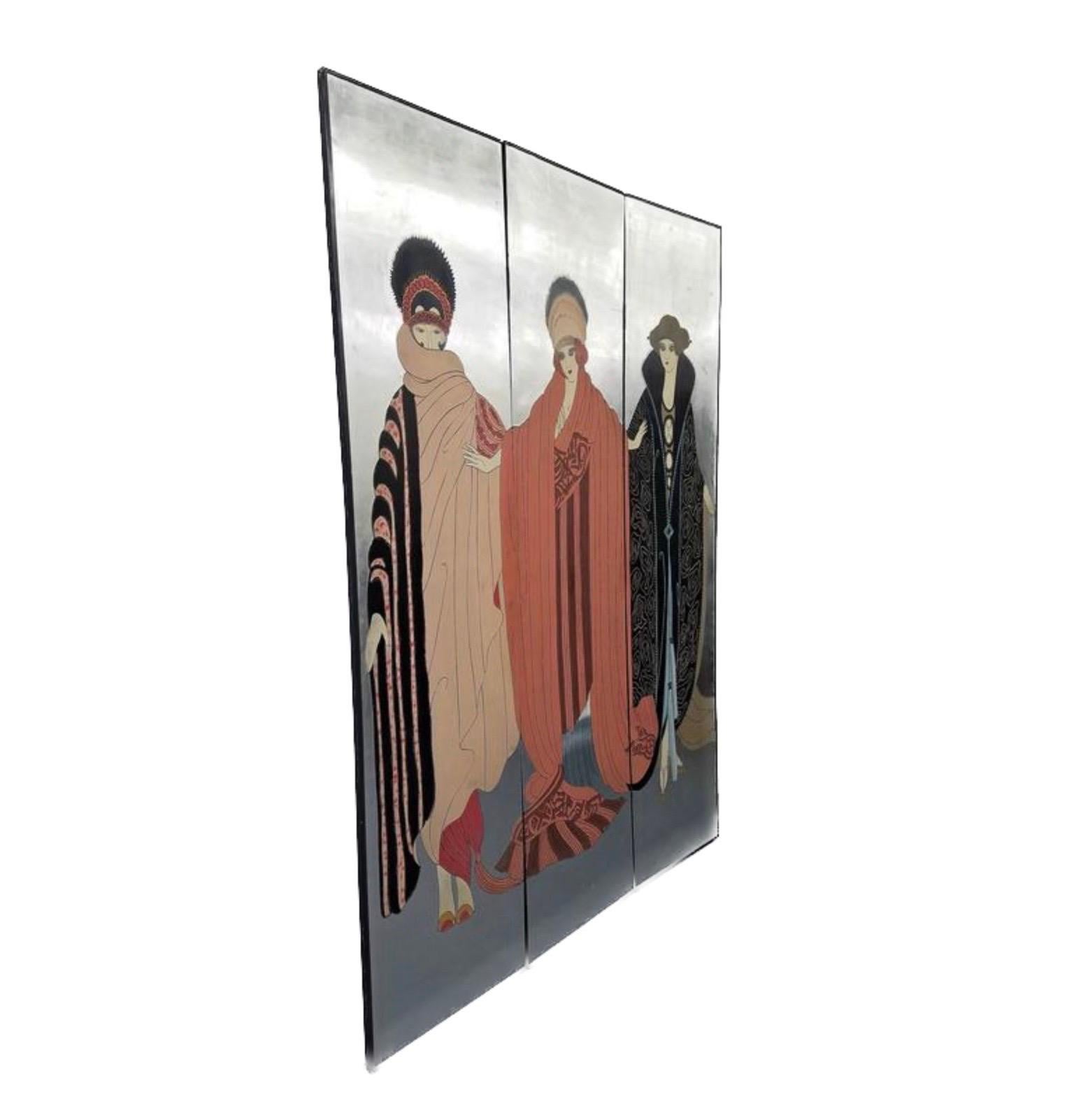 Erté Art Deco Style Silver Leaf Three-Panel Screen Art Room Divider In Good Condition In Evanston, IL