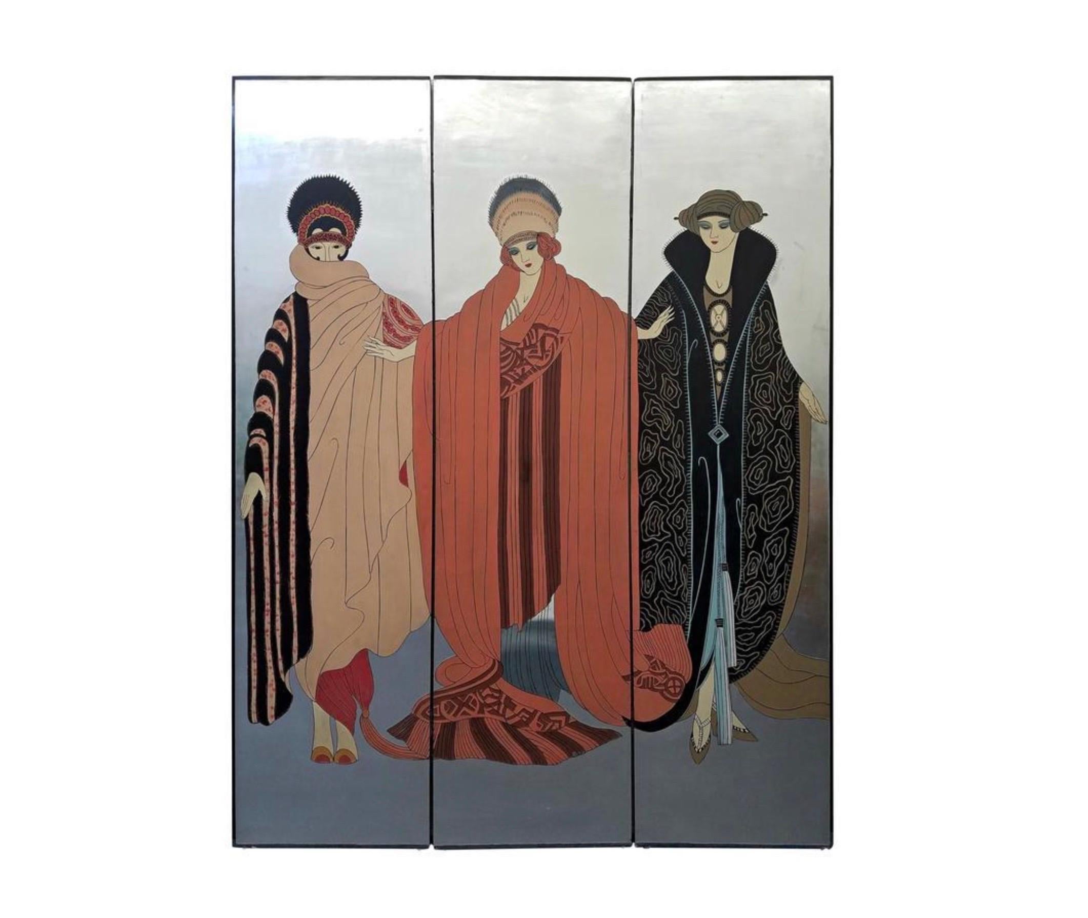 Erté Art Deco Style Silver Leaf Three-Panel Screen Art Room Divider For Sale 2