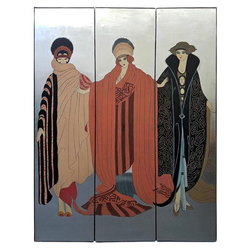 Erté Art Deco Style Silver Leaf Three-Panel Screen Art Room Divider