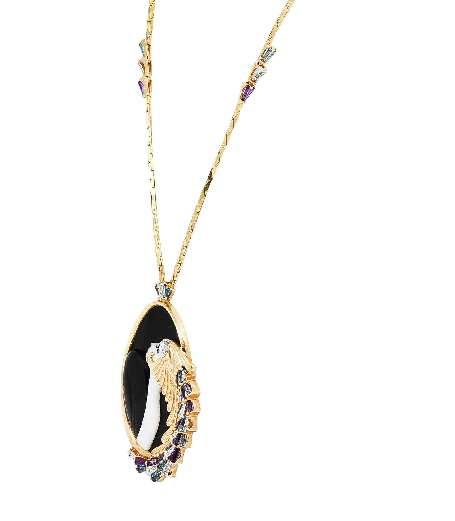 Contemporary Erté Beauty of the Beast Diamond Amethyst Topaz Onyx Mother-of-pearl Necklace