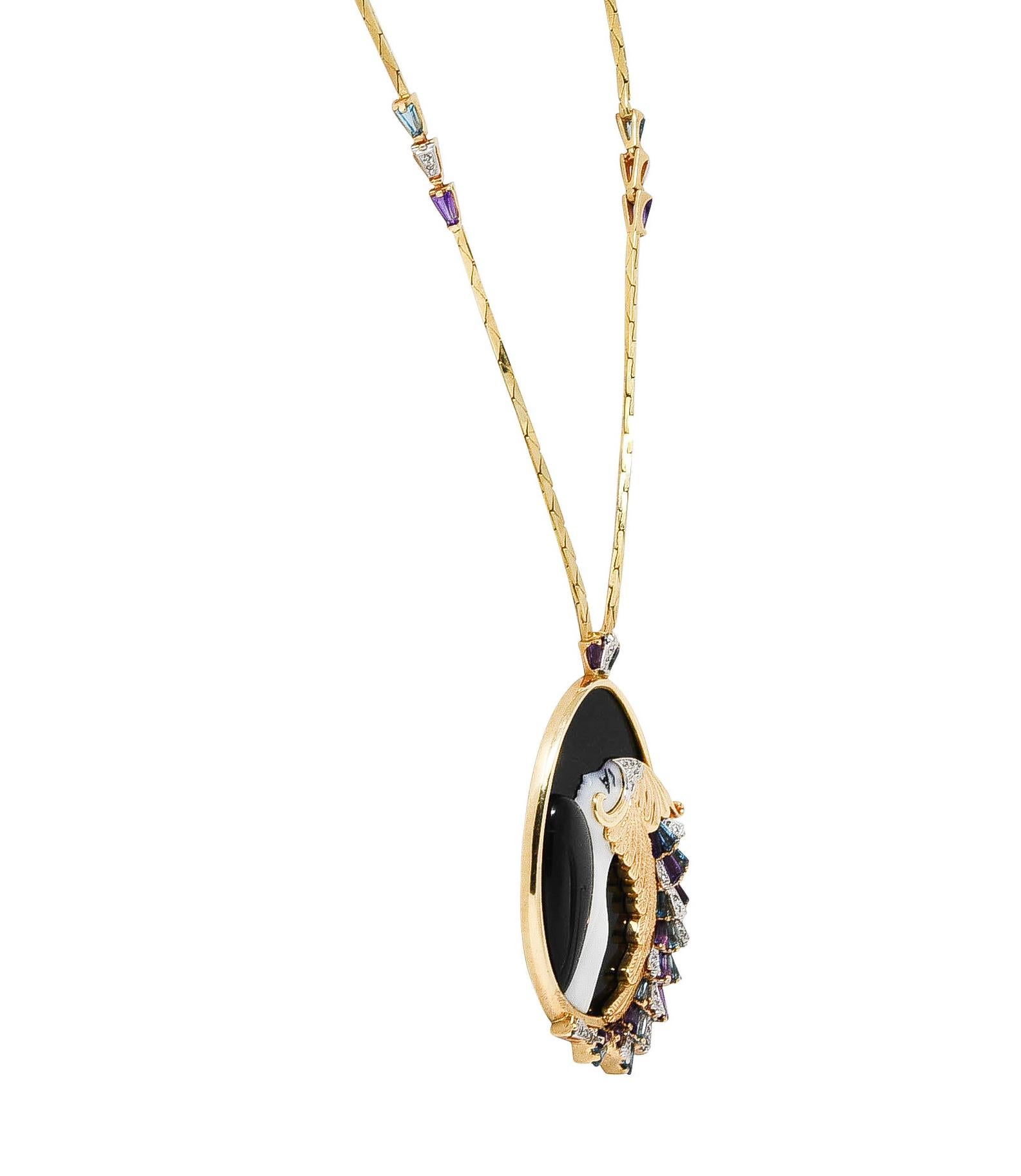 Oval Cut Erté Beauty of the Beast Diamond Amethyst Topaz Onyx Mother-of-pearl Necklace