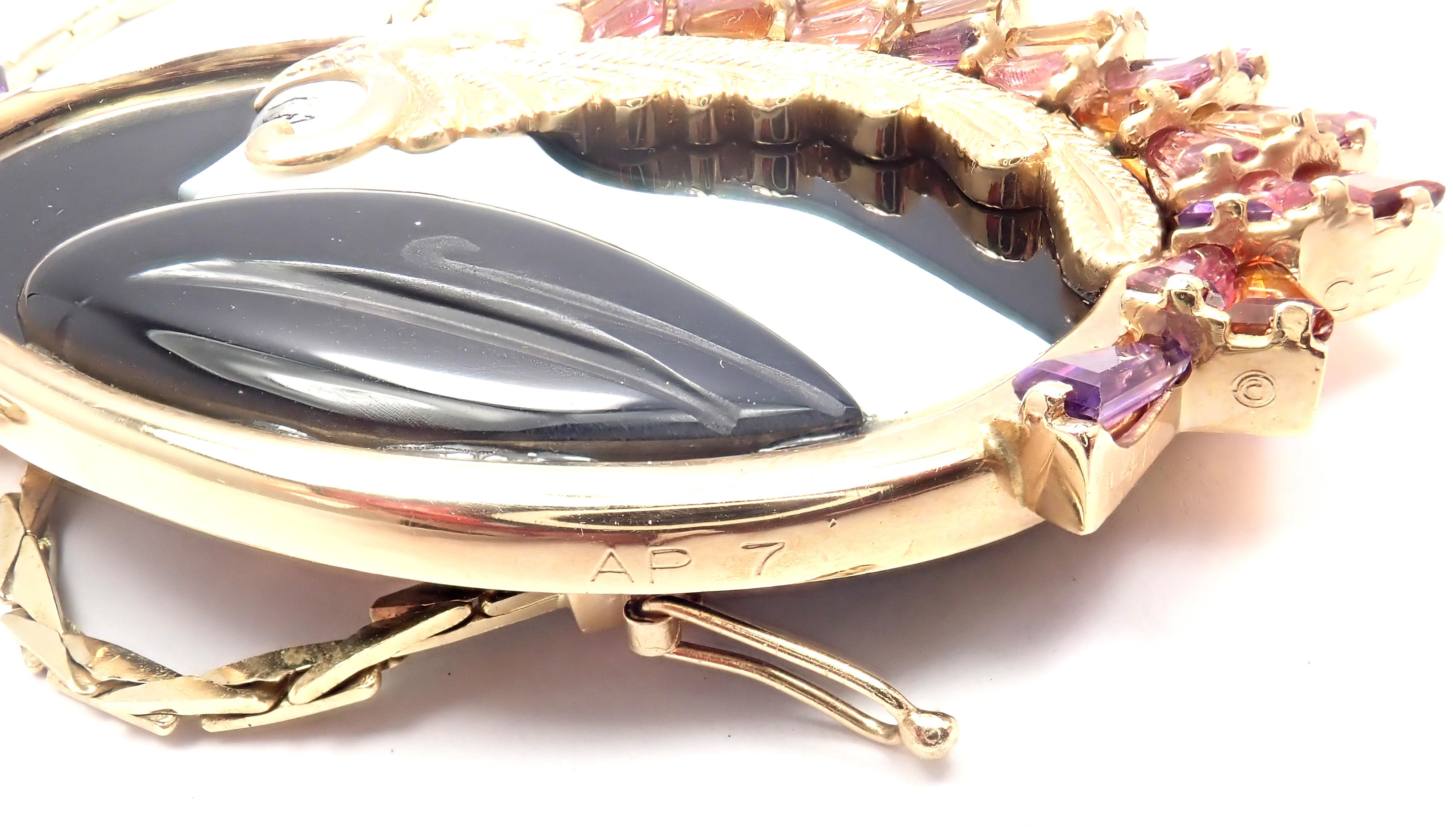 Erte Beauty of the Beast Diamond Onyx Amethyst Yellow Gold Pendant Necklace In Excellent Condition In Holland, PA