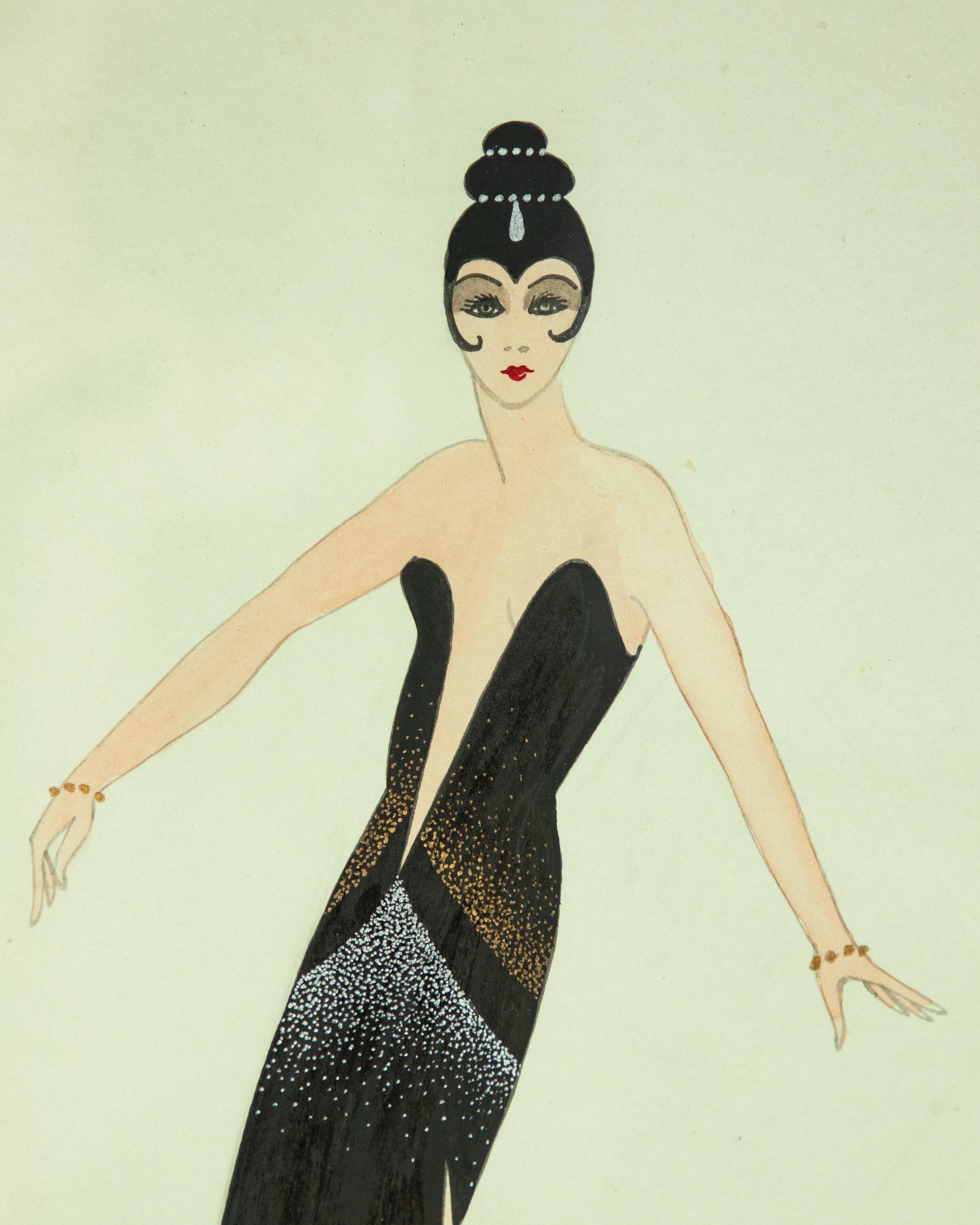 Art Deco Erté Black Gown For Sale