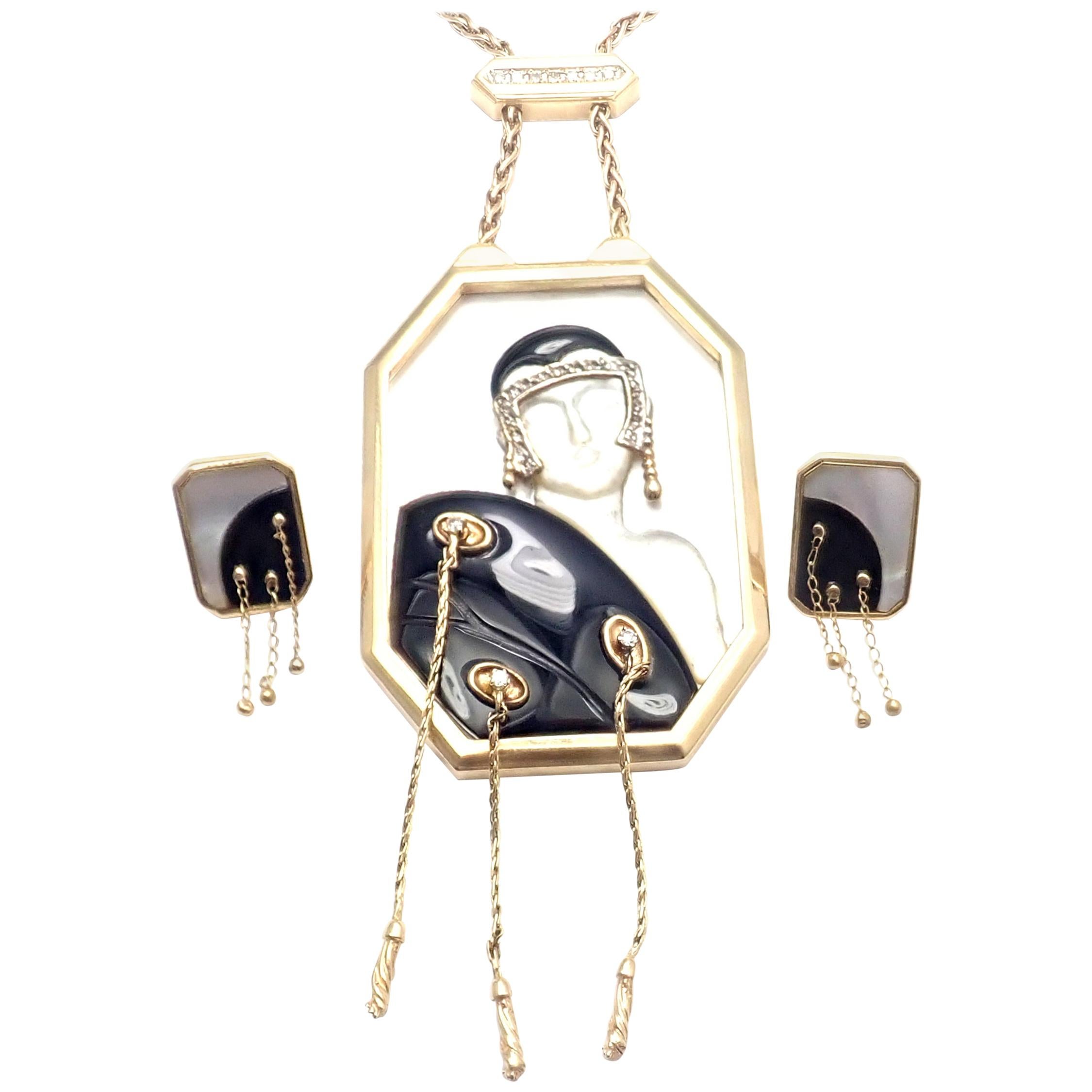 Erté Folies Diamond Onyx Mother of Pearl Yellow Gold Necklace and Earrings Set For Sale