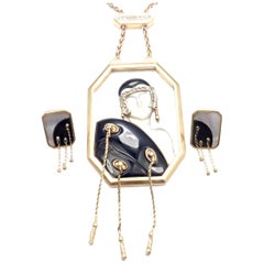 Erté Folies Diamond Onyx Mother of Pearl Yellow Gold Necklace and Earrings Set