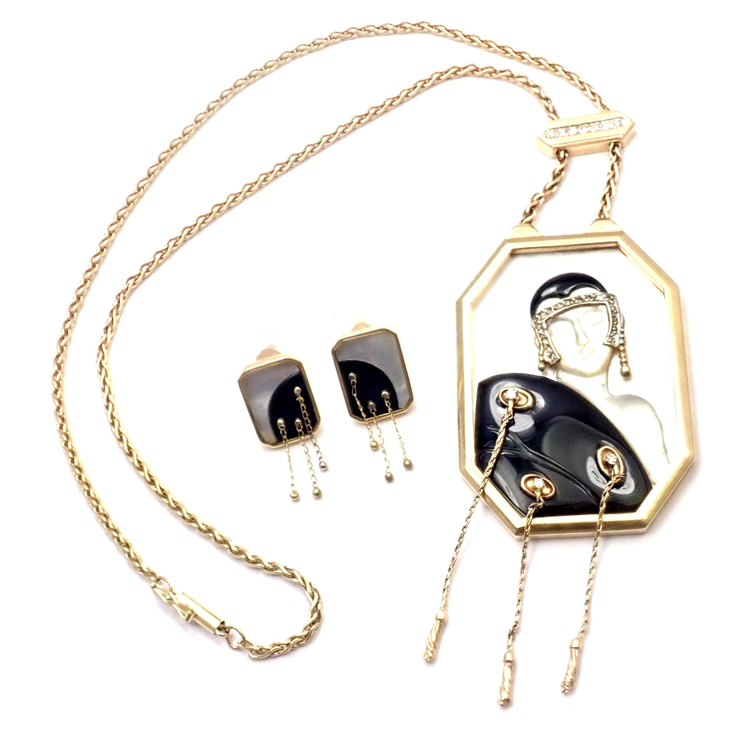 14k yellow gold, diamond, mother of pearl, black onyx, necklace and earrings set from Erte titled 