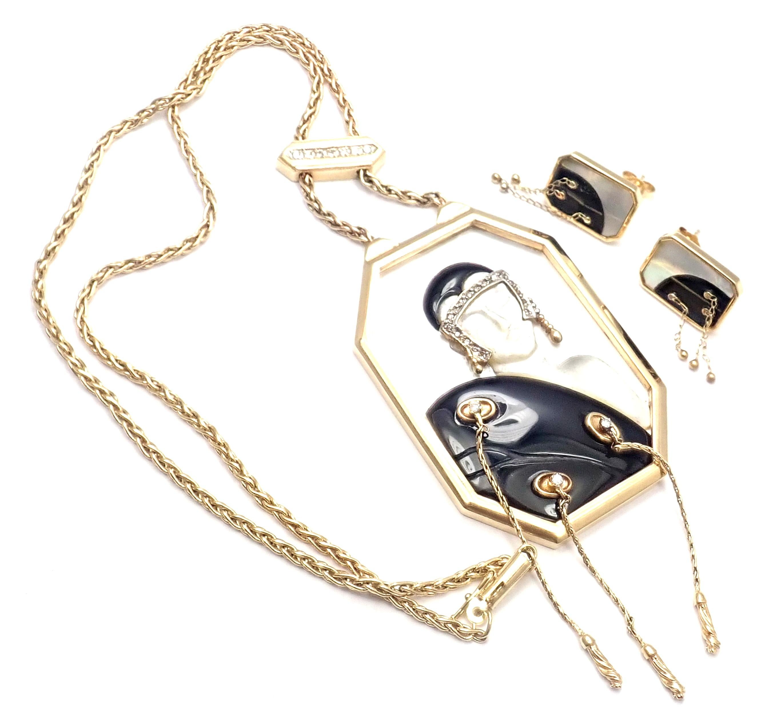 Erté Folies Diamond Onyx Mother of Pearl Yellow Gold Necklace and Earrings Set For Sale 1