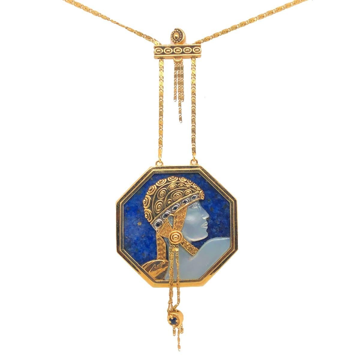Erte Gold Lapis Lazuli Mother of Pearl and Sapphire Pendant Necklace In Excellent Condition In New York, NY