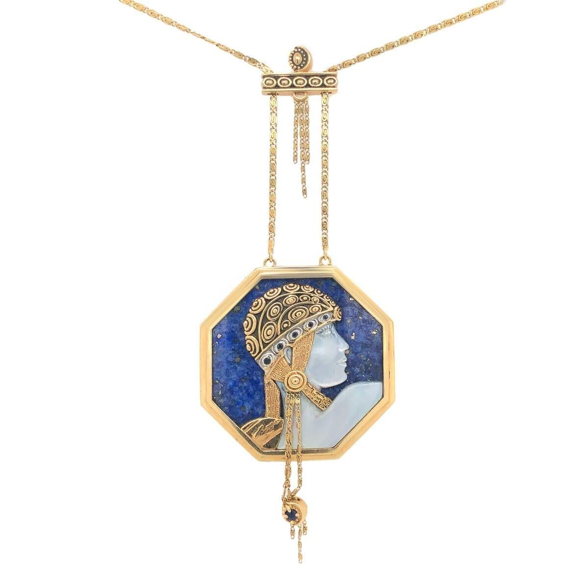 Women's Erte Gold Lapis Lazuli Mother of Pearl and Sapphire Pendant Necklace
