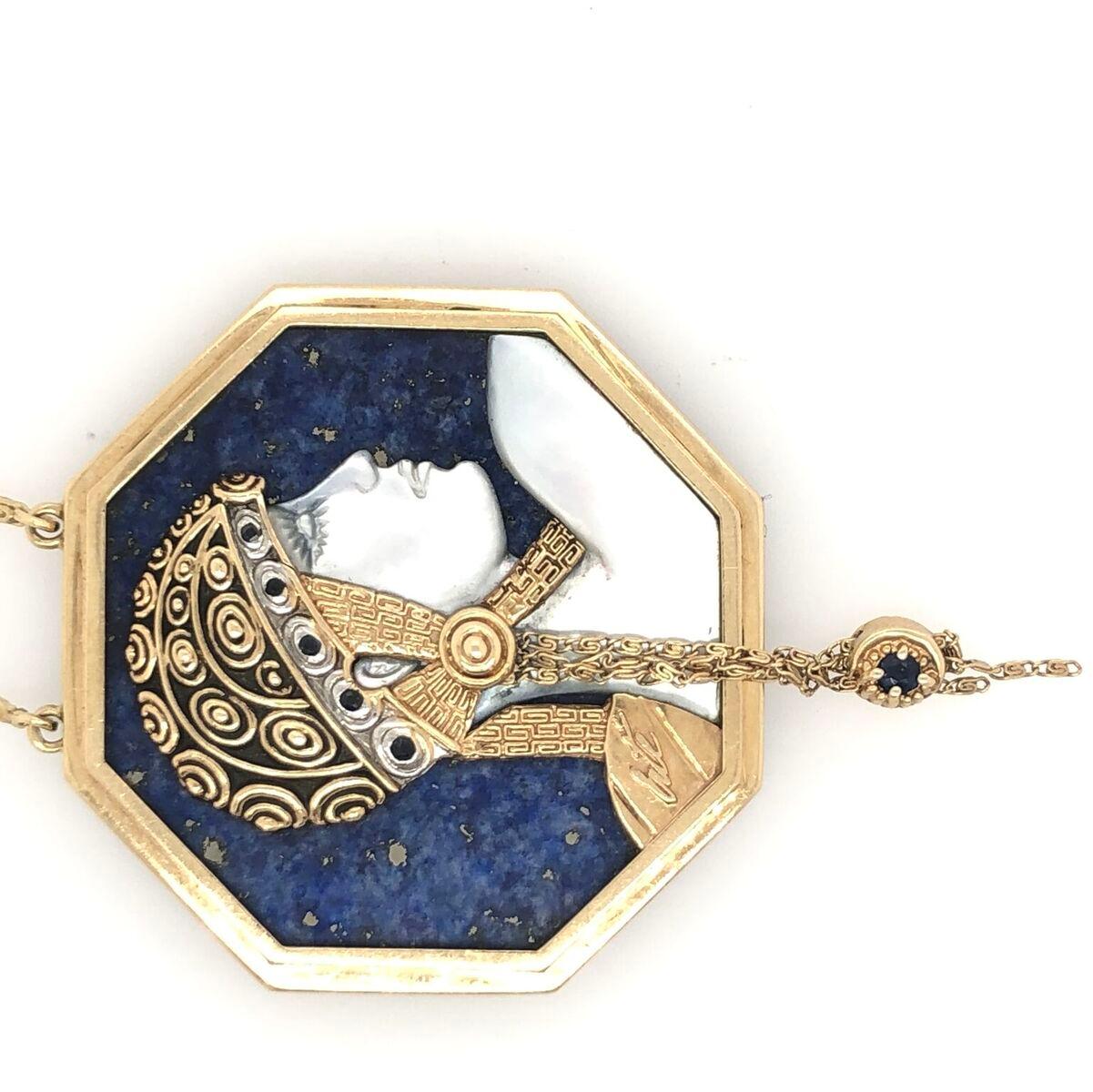 Erte Gold Lapis Lazuli Mother of Pearl and Sapphire Pendant Necklace 1