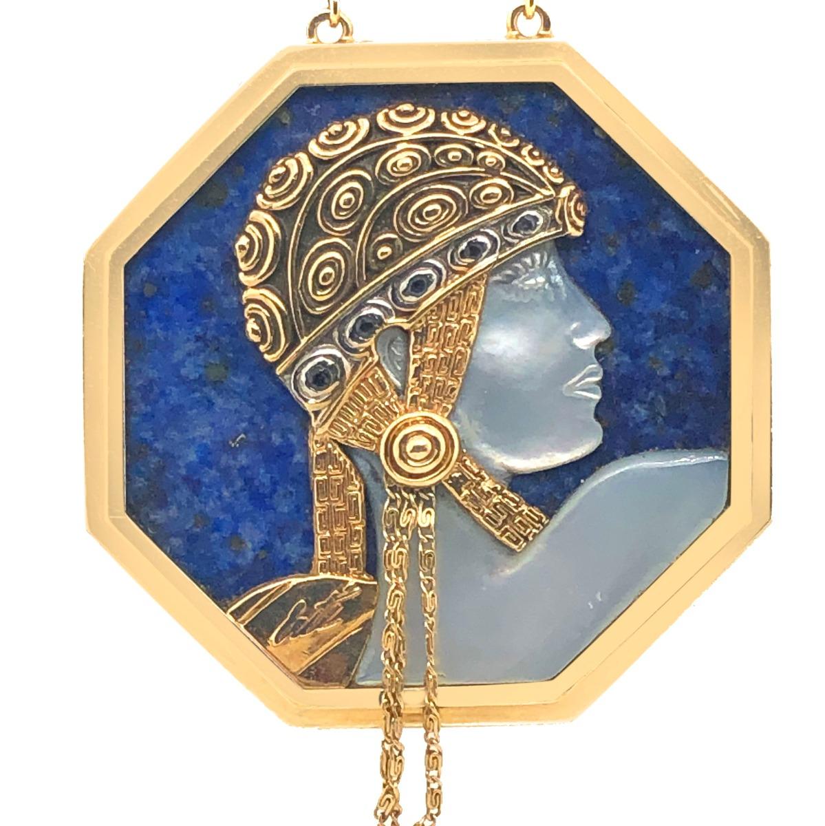 Erte Gold Lapis Lazuli Mother of Pearl and Sapphire Pendant Necklace 3