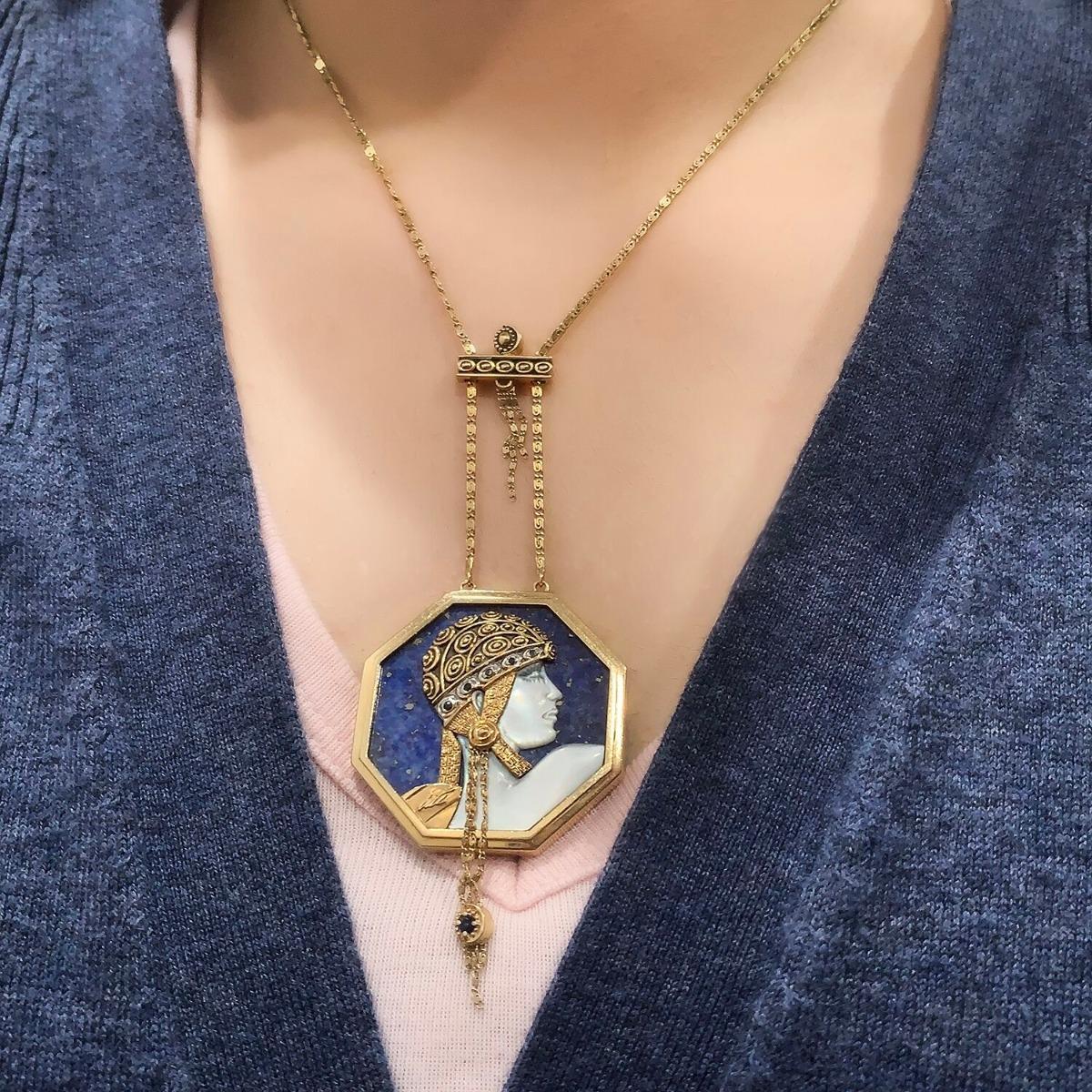 Erte Gold Lapis Lazuli Mother of Pearl and Sapphire Pendant Necklace 4