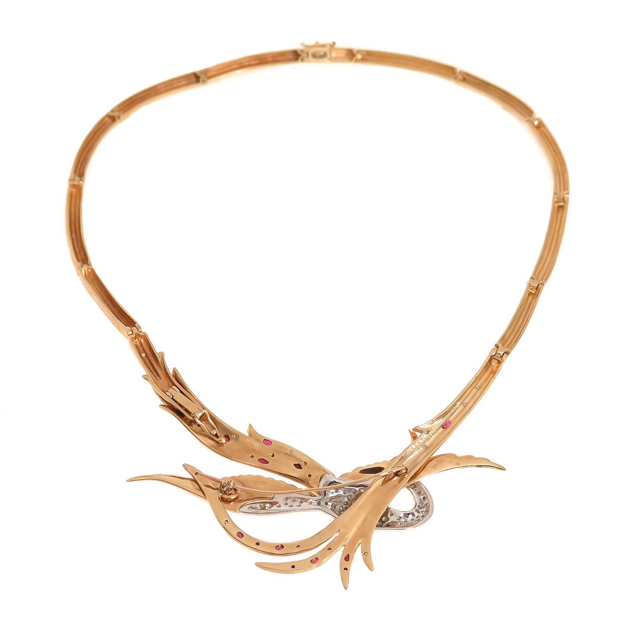 Round Cut Erte Juno Ruby Diamond Gold Bird Necklace/Brooch