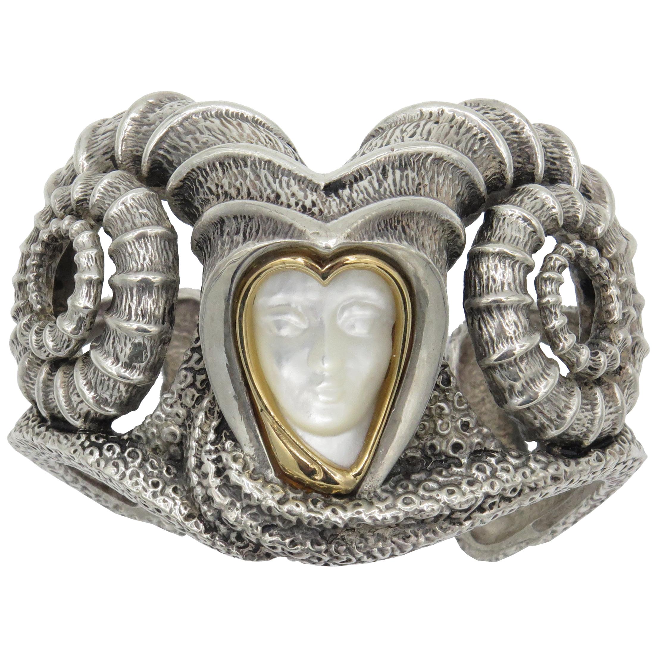 Erte La Courbe Bracelet Carved Mother of Pearl Gold and Silver Sterling For Sale