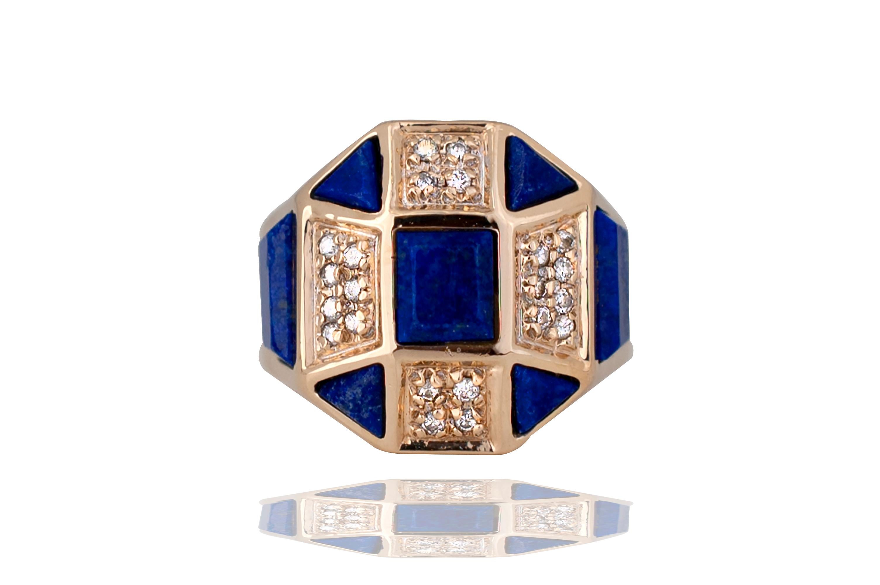 Round Cut Erte' Lapis and Diamond Cocktail Ring