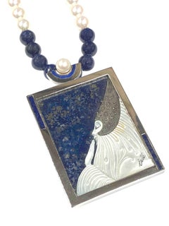 Erte Lapis Silver and Pearl Beloved Necklace Brooch