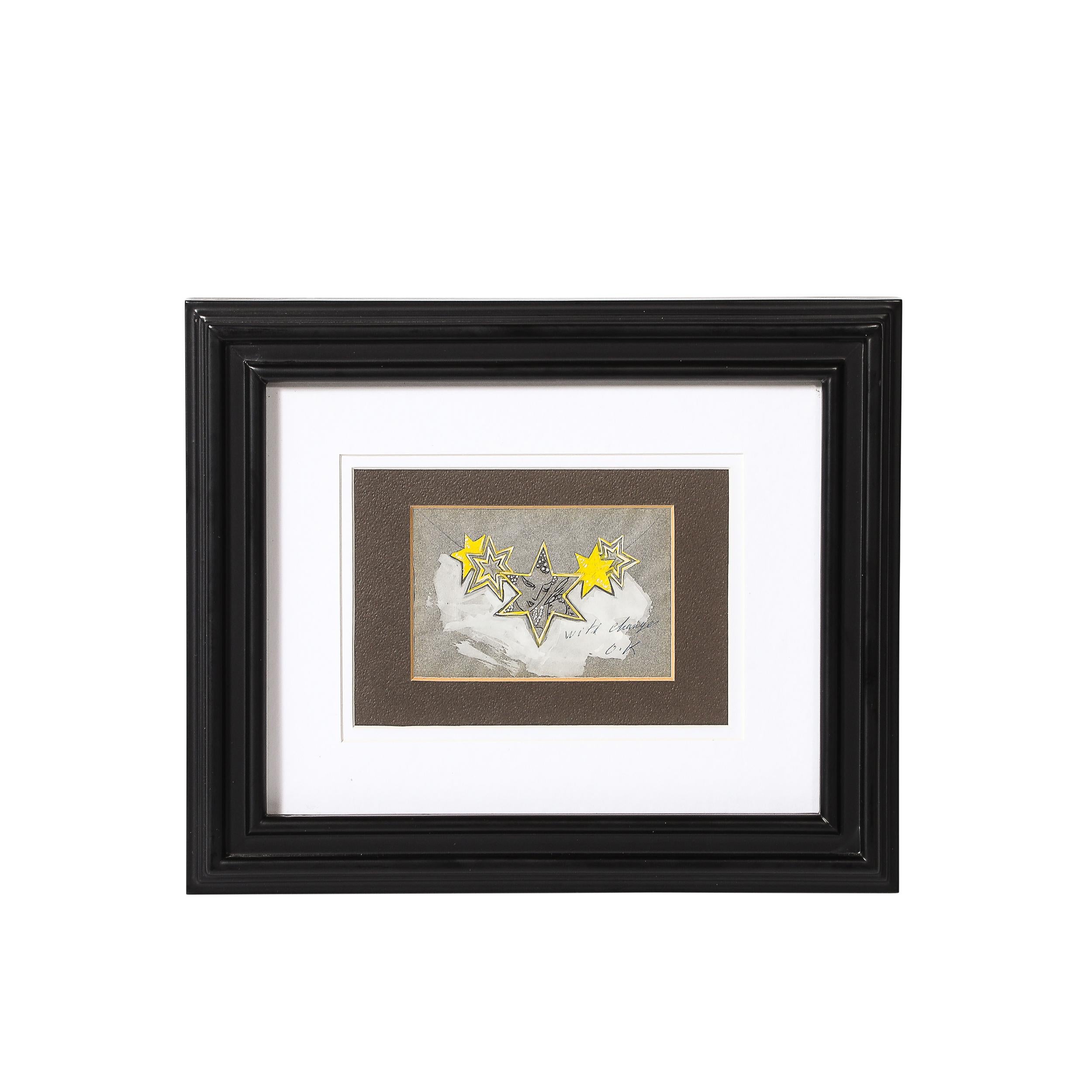 son impressionnant costume à la gouache, intitulé "Stars" et créé par le légendaire artiste Art déco Eleg, met en valeur le mélange d'élégance, de drame et de fantaisie céleste qui le caractérise. Réalisée sur du papier gris, la composition s'anime