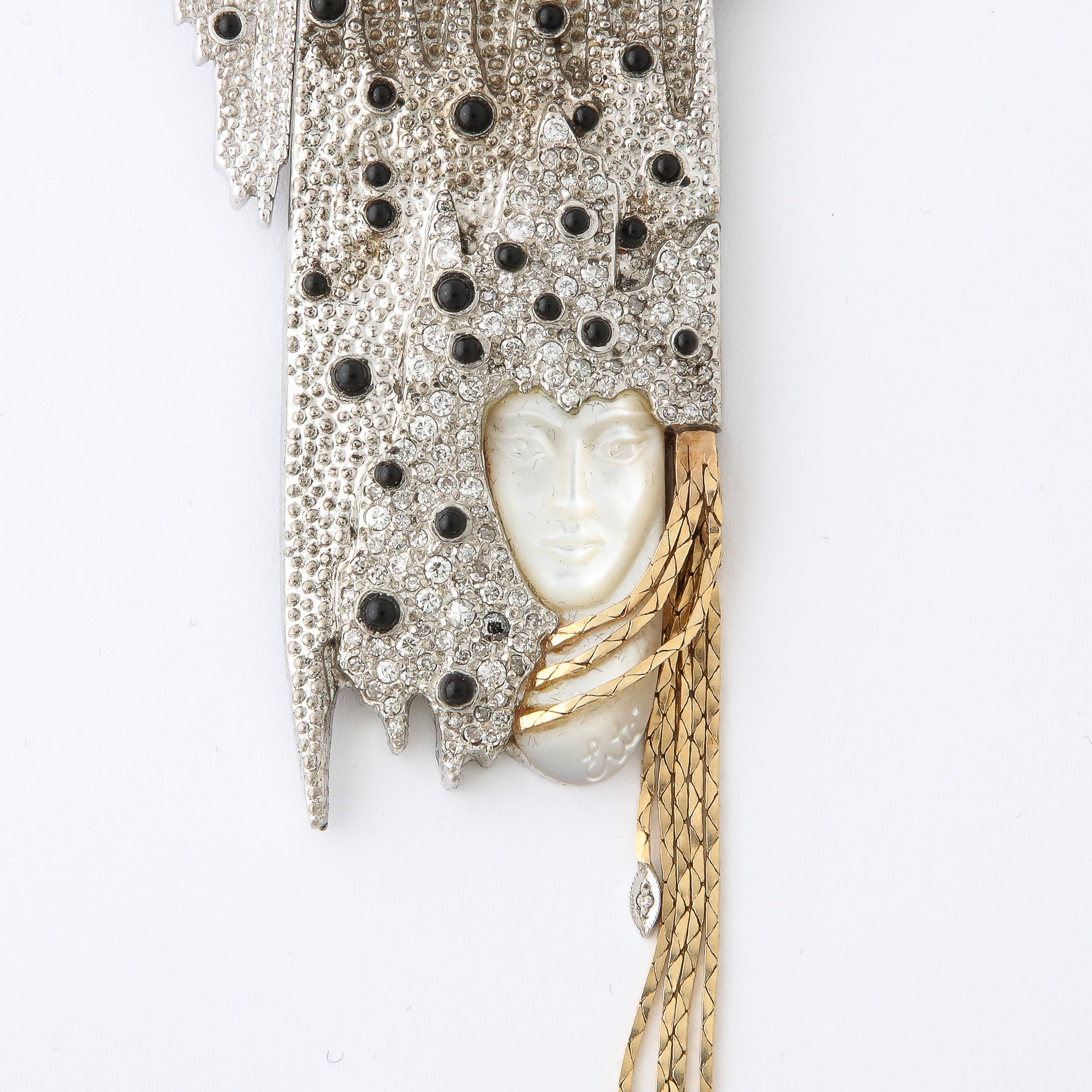 Erte  Necklace-Brooch & Earrings in Diamonds Gold Silver & Cabochon Black Onyx For Sale 1