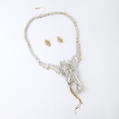 Erte  Necklace-Brooch & Earrings in Diamonds Gold Silver & Cabochon Black Onyx