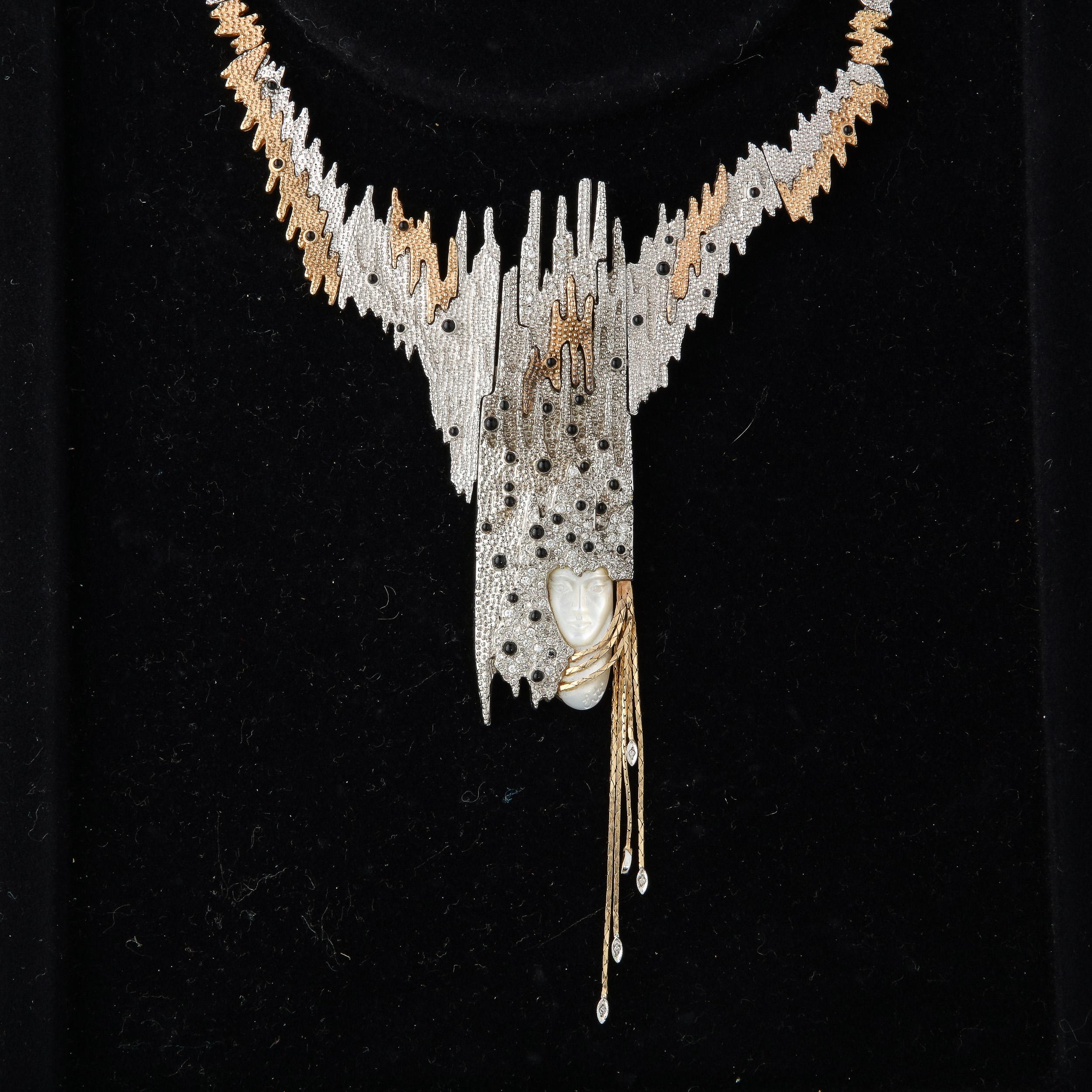 Art Deco Erte  Necklace-Brooch & Earrings in Diamonds Gold Silver & Cabochon Black Onyx For Sale