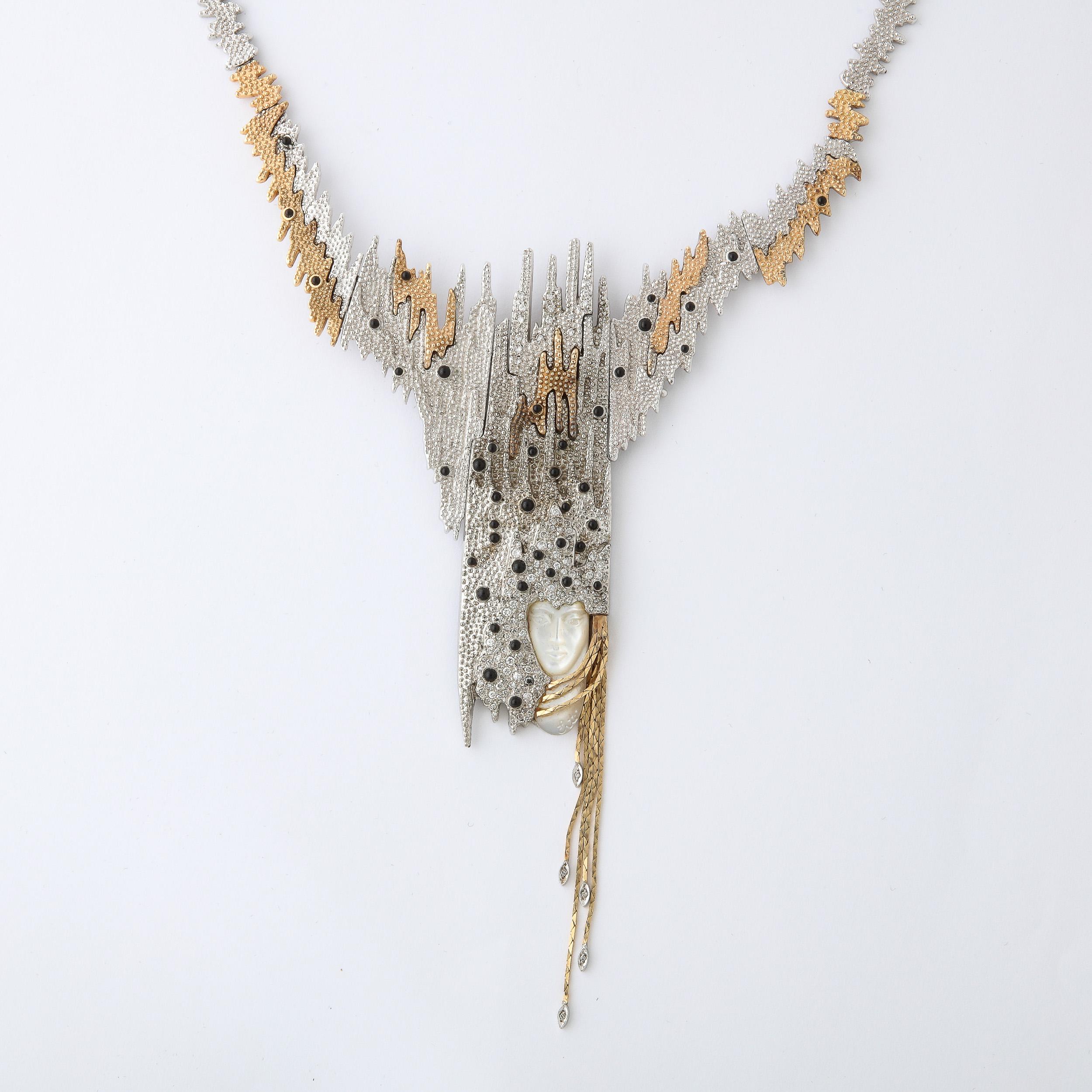 Women's or Men's Erte  Necklace-Brooch & Earrings in Diamonds Gold Silver & Cabochon Black Onyx For Sale