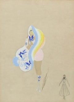 Peinture à la gouache d'origine Art déco Erte des années 1910, signée à la main, Costume français rare