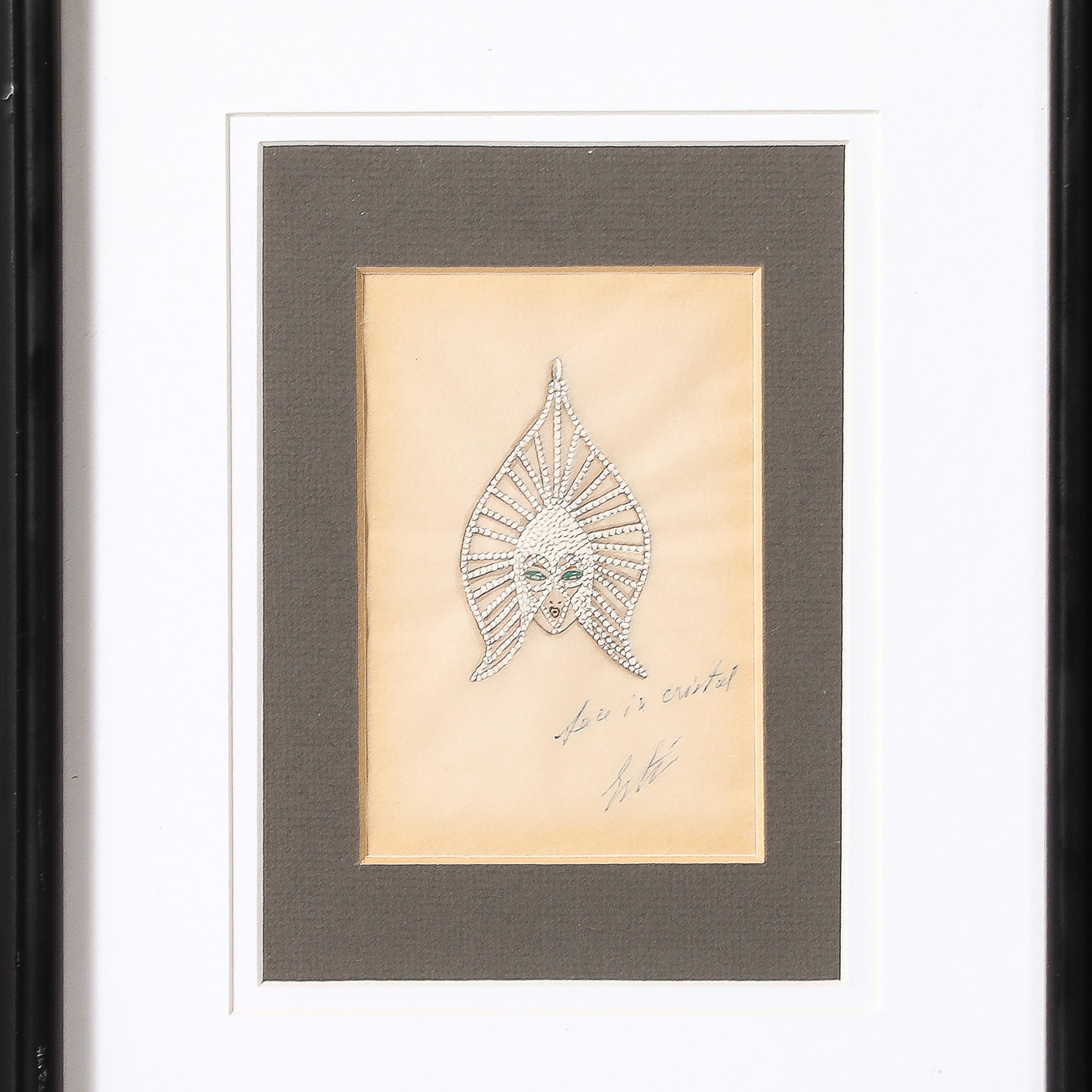Art Deco Original Costume Design Crystal Headdress Gouache Painting signed Erté 2