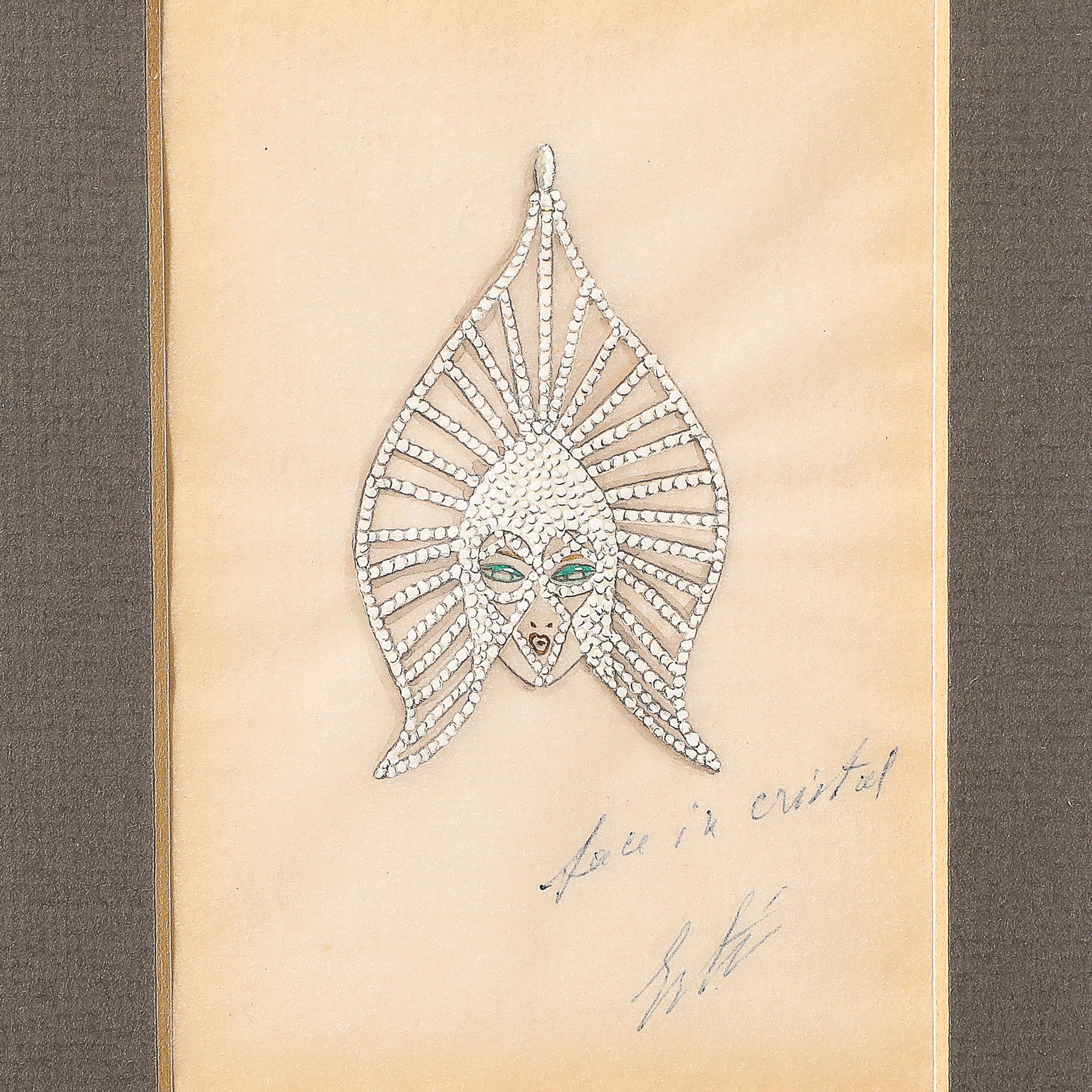 Art Deco Original Costume Design Crystal Headdress Gouache Painting signed Erté 4