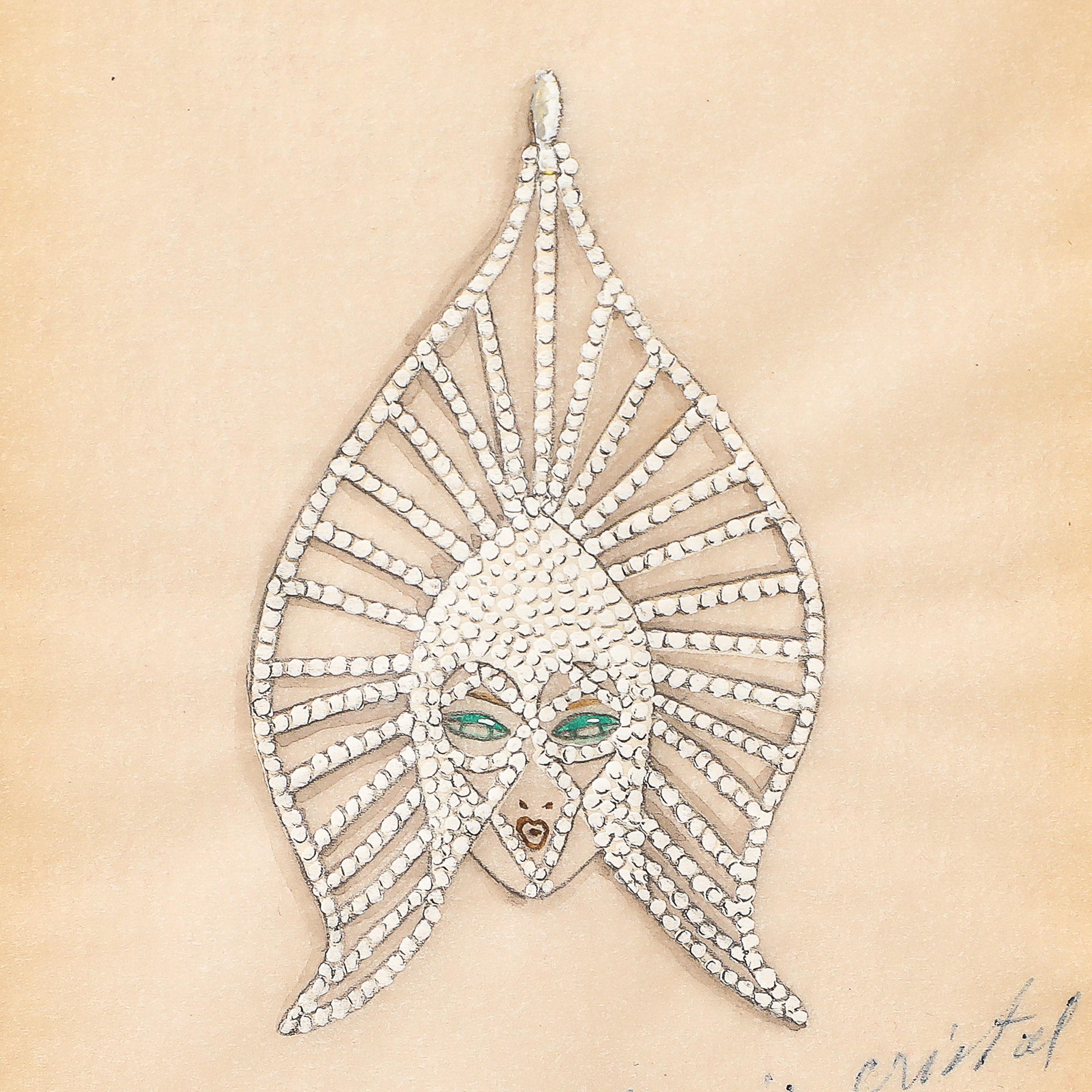 Art Deco Original Costume Design Crystal Headdress Gouache Painting signed Erté 6