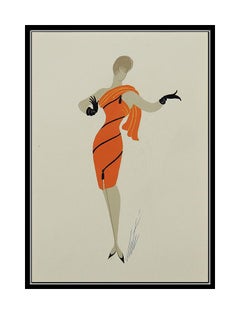Erte Original Gouache Painting Folies Female Dress Costume Design Signed Artwork
