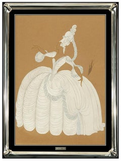 Erte Original Gouache Painting Signed Art Deco Dress Costume Design Fashion SBO