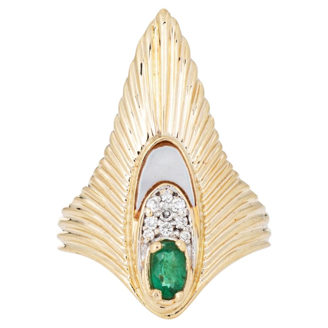 Erte Peacock Rayonnement Ring Ltd Edition Emerald Diamond Vintage 14k Gold For Sale
