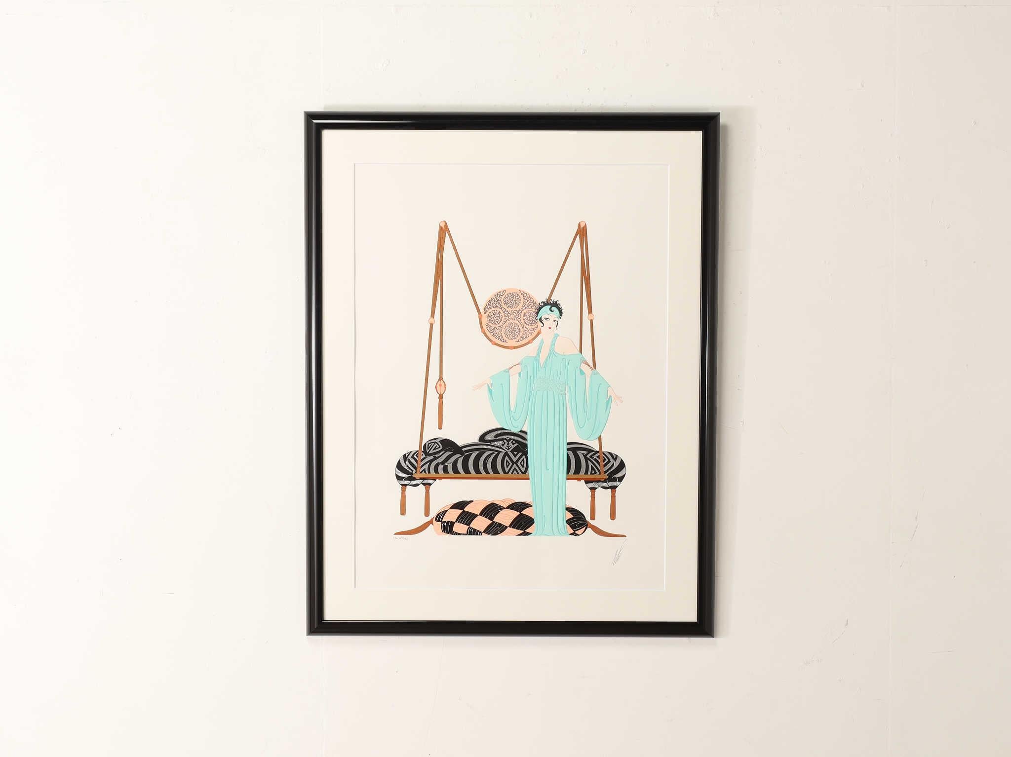 It depicts an elegant woman in couture in front of a suspended bed. Said to have been created when Follies Bergère designed the stage and costumes.
